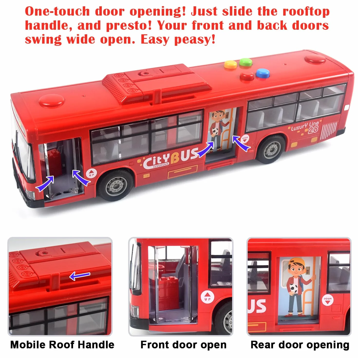 Zabawka autobusowa dla chłopców i dziewcząt - ze światłami i dźwiękami, realistyczne opony, symulowane funkcjonalne drzwi, ruch napędzany tarciem, czerwony