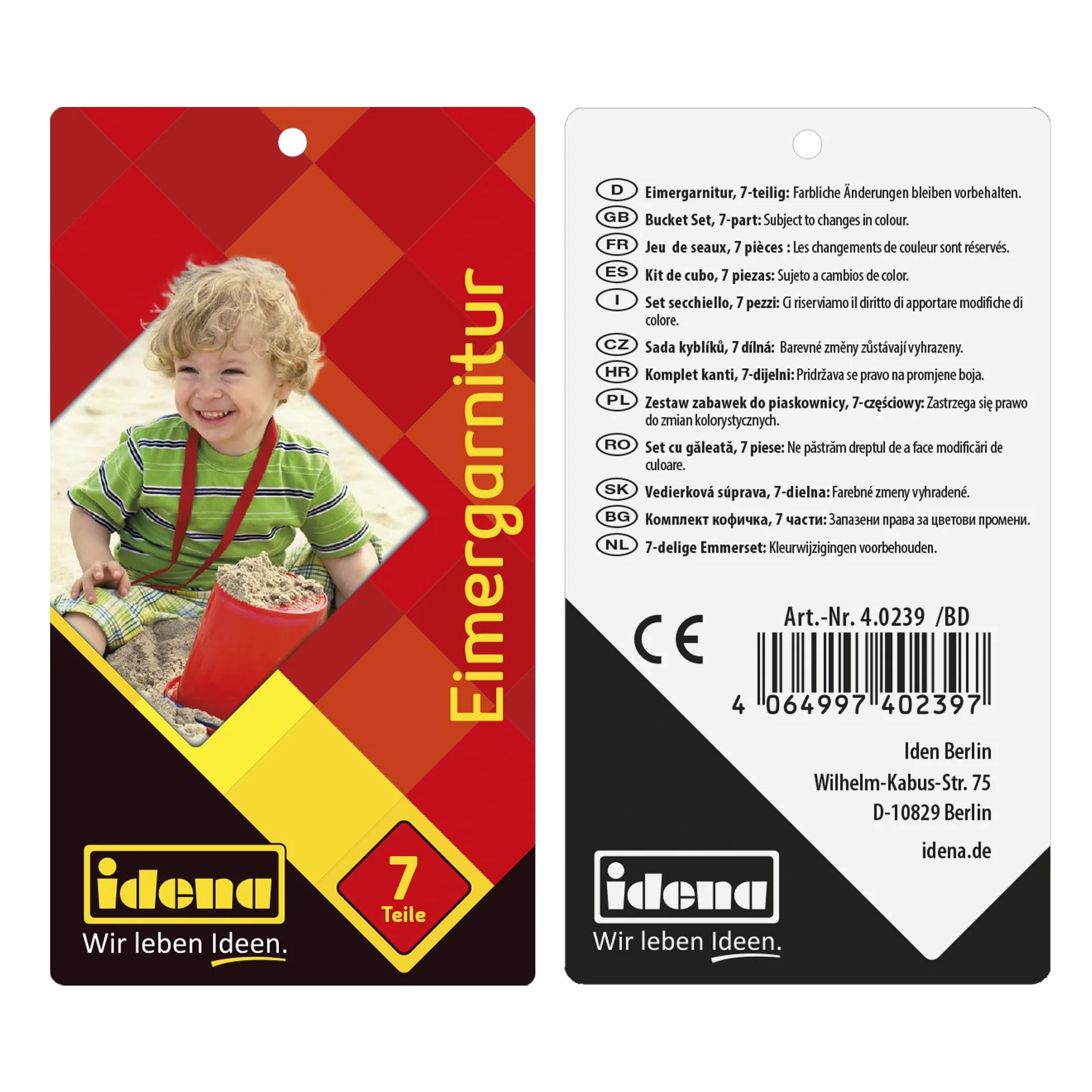 Idena 40239 - Zestaw zabawek do piasku 7 elementów z wiaderkiem, konewką, sitkiem, 2 małymi foremkami, grabkami i małą łopatką, różne warianty kolorystyczne