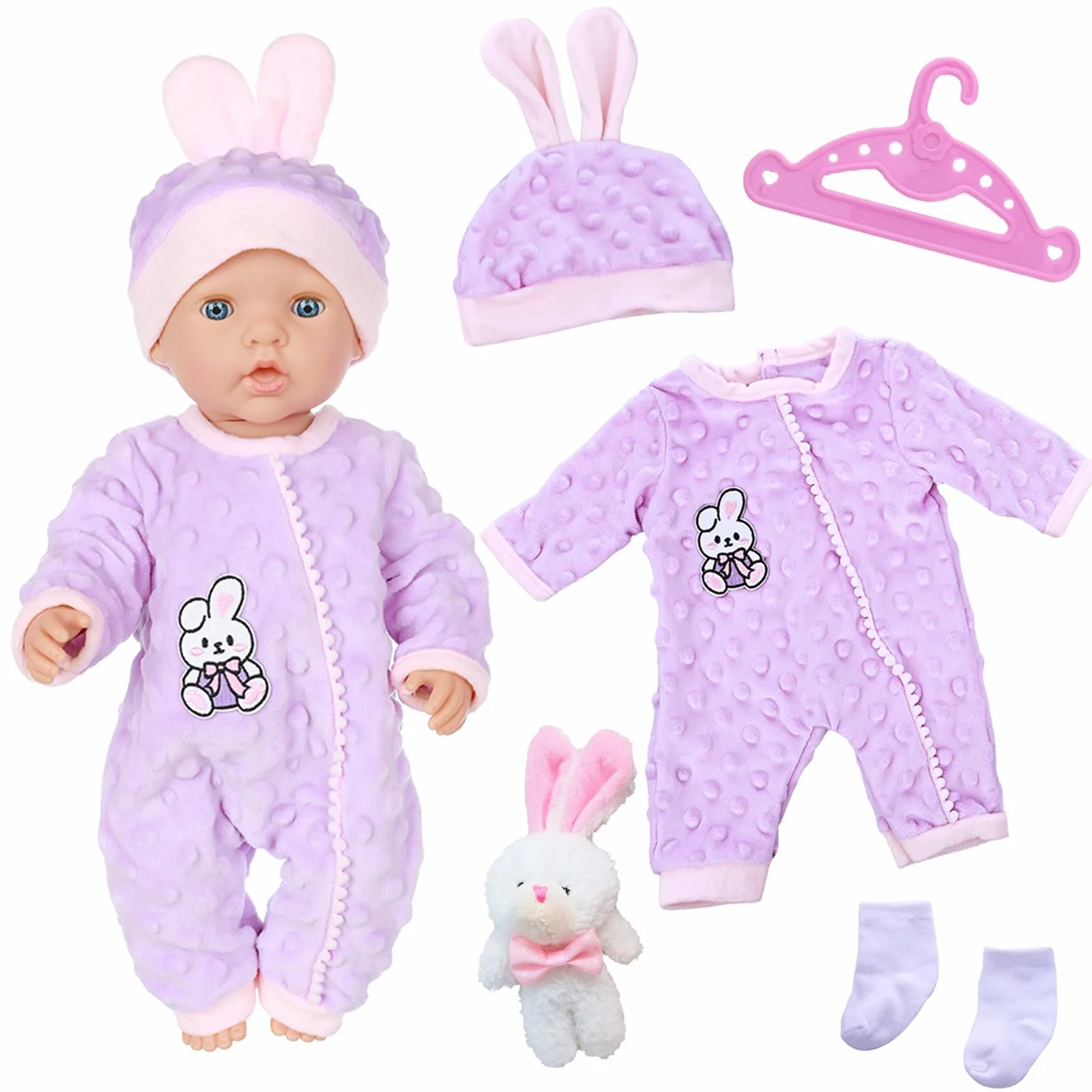 Ubranka dla lalek baby 12-18 cali, zestaw 6 części w kolorze fioletowym z kostiumem króliczka, wraz z małą czapką, skarpetkami i płaszczem z wieszakiem dla lalek 30-45 cm, słodkie ubranka dla lalek
