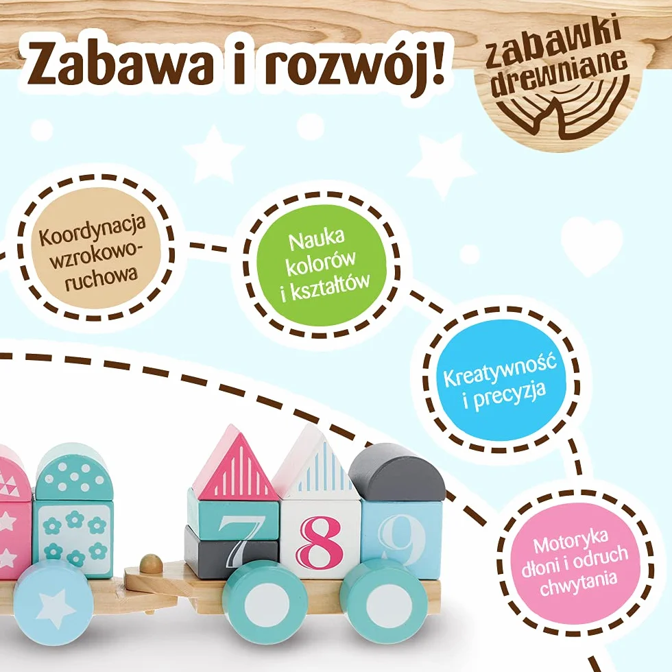 Trefl Pastelove Wagoniki Zabawka Drewniana dla Dzieci od 18 miesięcy
