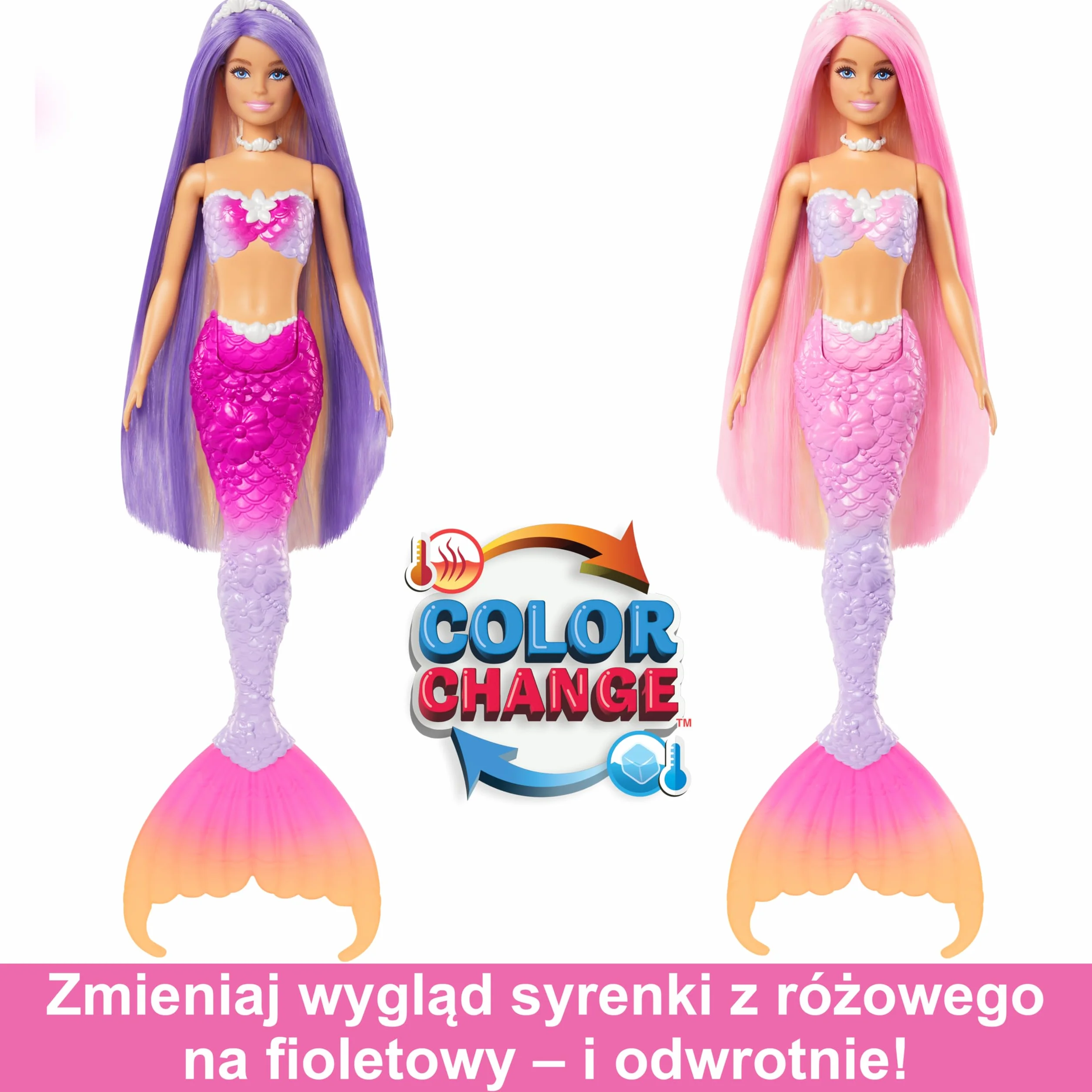 Barbie Malibu Syrenka Zmiana koloru Lalka z różowymi włosami, akcesoriami do stylizacji, delfinkiem i funkcją zmiany koloru aktywowaną wodą, HRP97