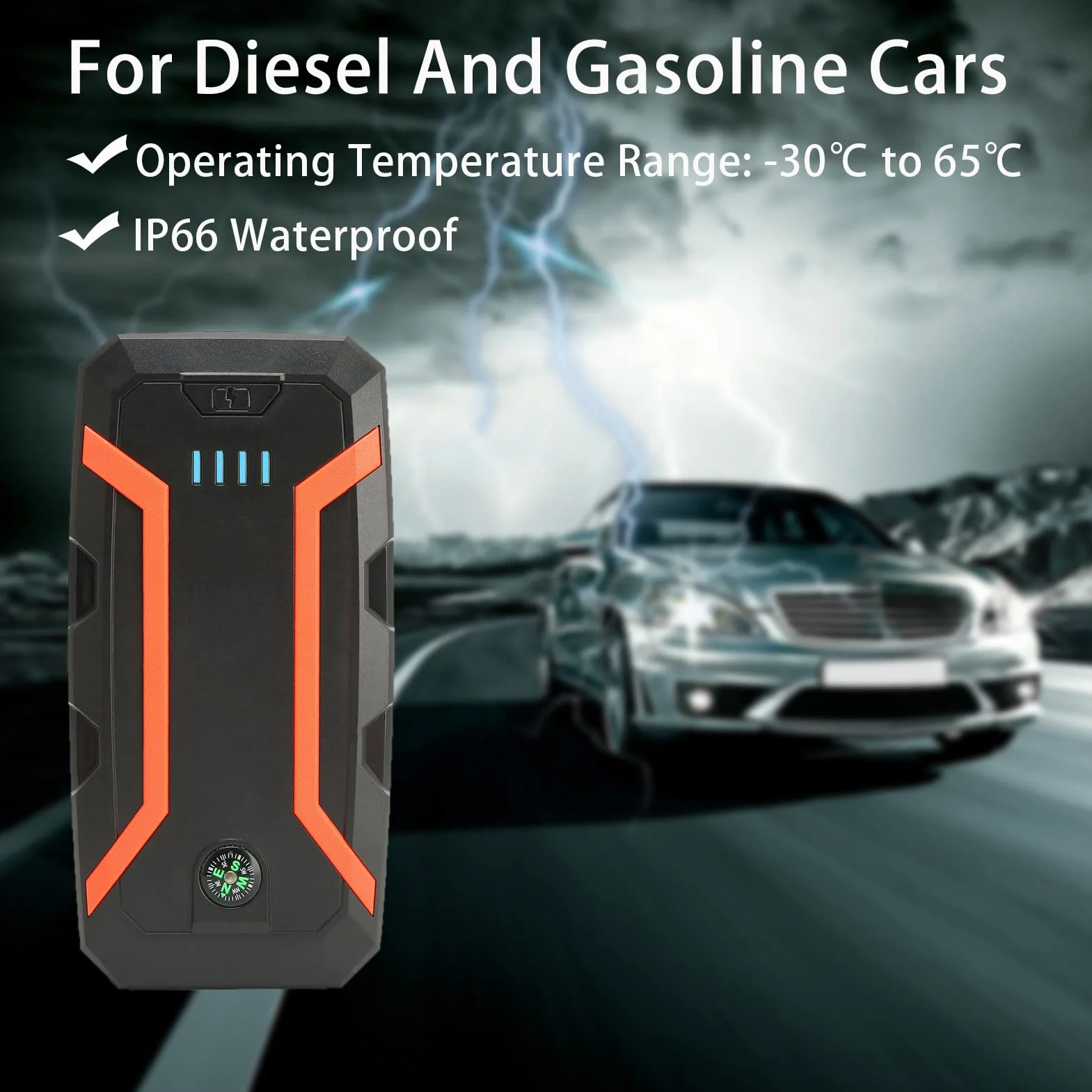 Rozrusznik Samochodowy, 1500A 12000 MAh Przenośny Rozrusznik Samochodowy do 7,2 L Gazu, 5,5 L Silnik Wysokoprężny, 12 V Wzmacniacz Akumulatora Samochodowego z kompasową lampką LED