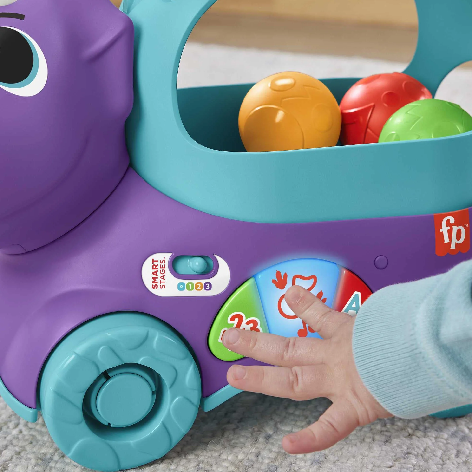 Fisher-Price Dinuś Podskakujące piłeczki Edukacyjna zabawka do ciągnięcia dla niemowląt i starszych dzieci, z treściami Poziomy nauki z możliwością wyboru języka, HNR51