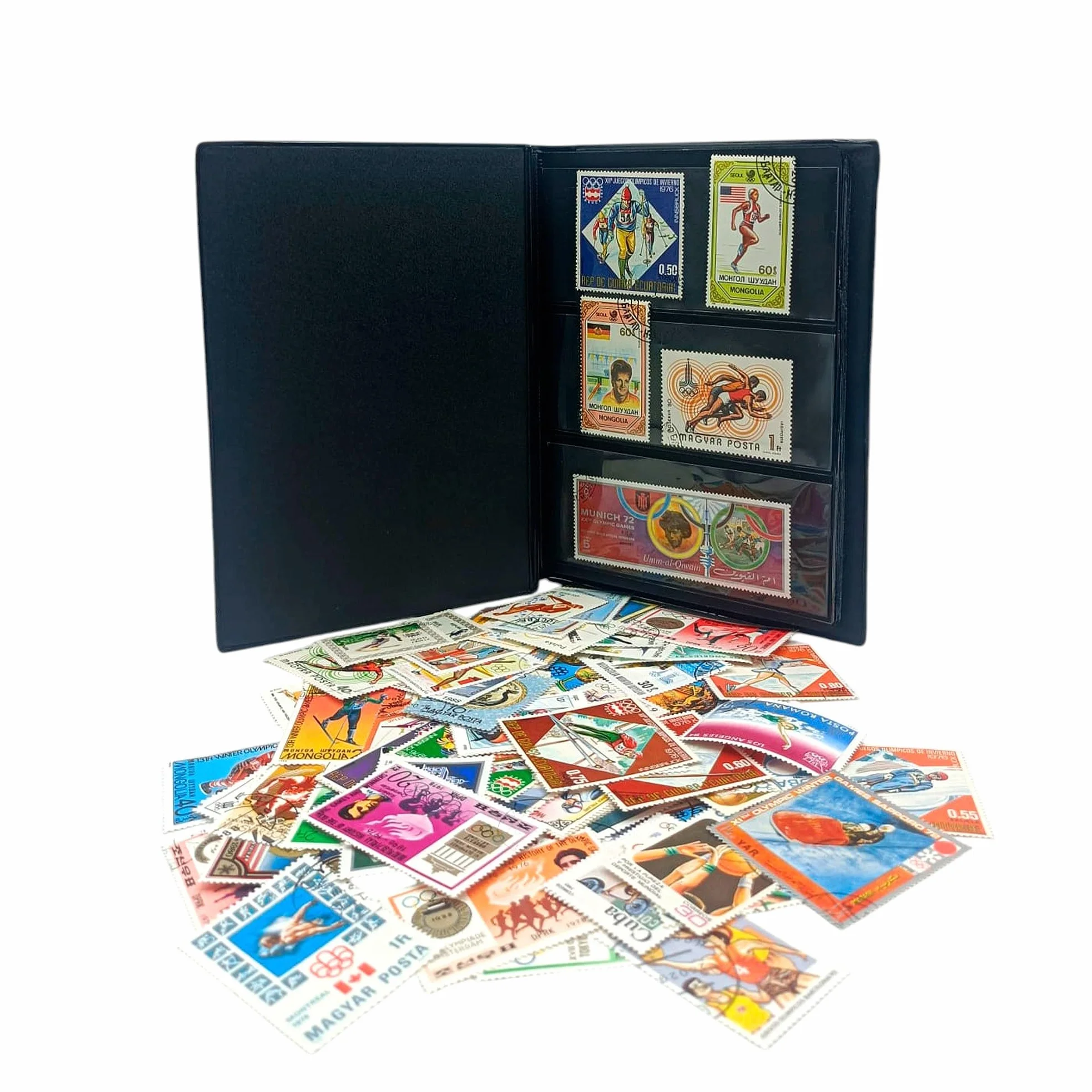 IMPACTO COLECCIONABLES Kolekcja 100 znaczków o tematyce igrzysk olimpijskich z albumami (14 x 18 x 1 cm) | Podnieś swoją kolekcję filatelistyczną autentycznymi znaczkami w kompaktowym i eleganckim