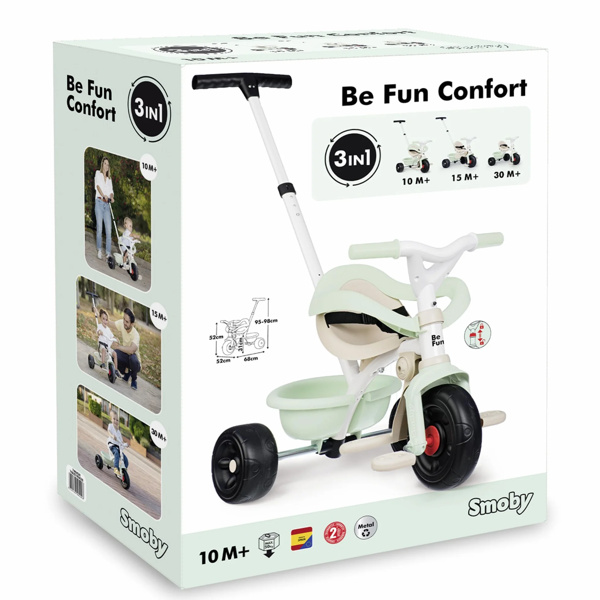 Smoby - Be Fun Confort Tricycle - 3 w 1 Evolutionary - Uchwyt dla rodzica regulowany na 3 wysokościach - Regulowane siedzenie - Od 10 miesięcy do 3 lat - Wyprodukowano w Hiszpanii
