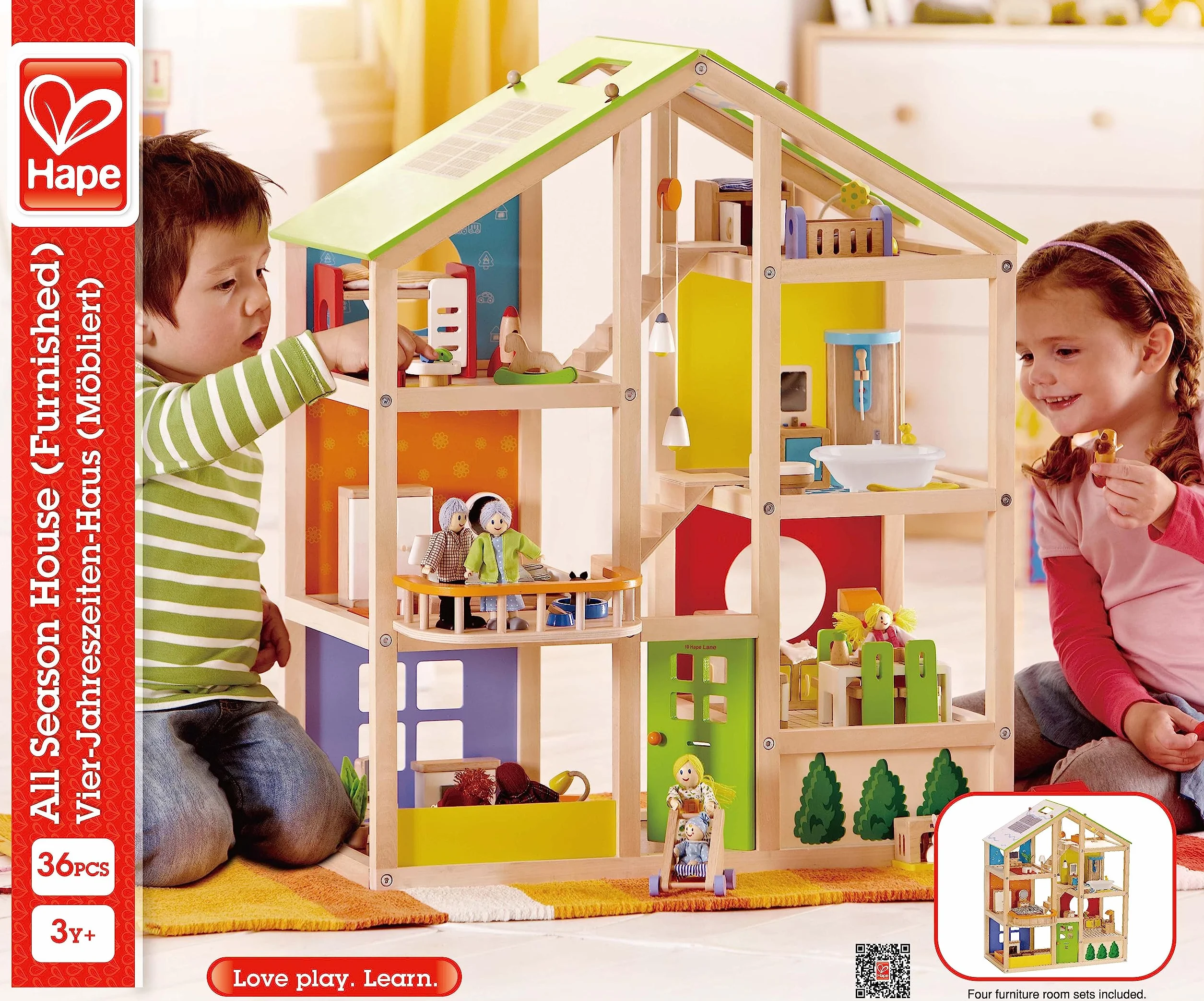 Hape All Season House (Furnished), Award-Winning 3-Storey Dolls House Toy with Furniture, Accessories, Movable Stairs and Reversible Season Theme