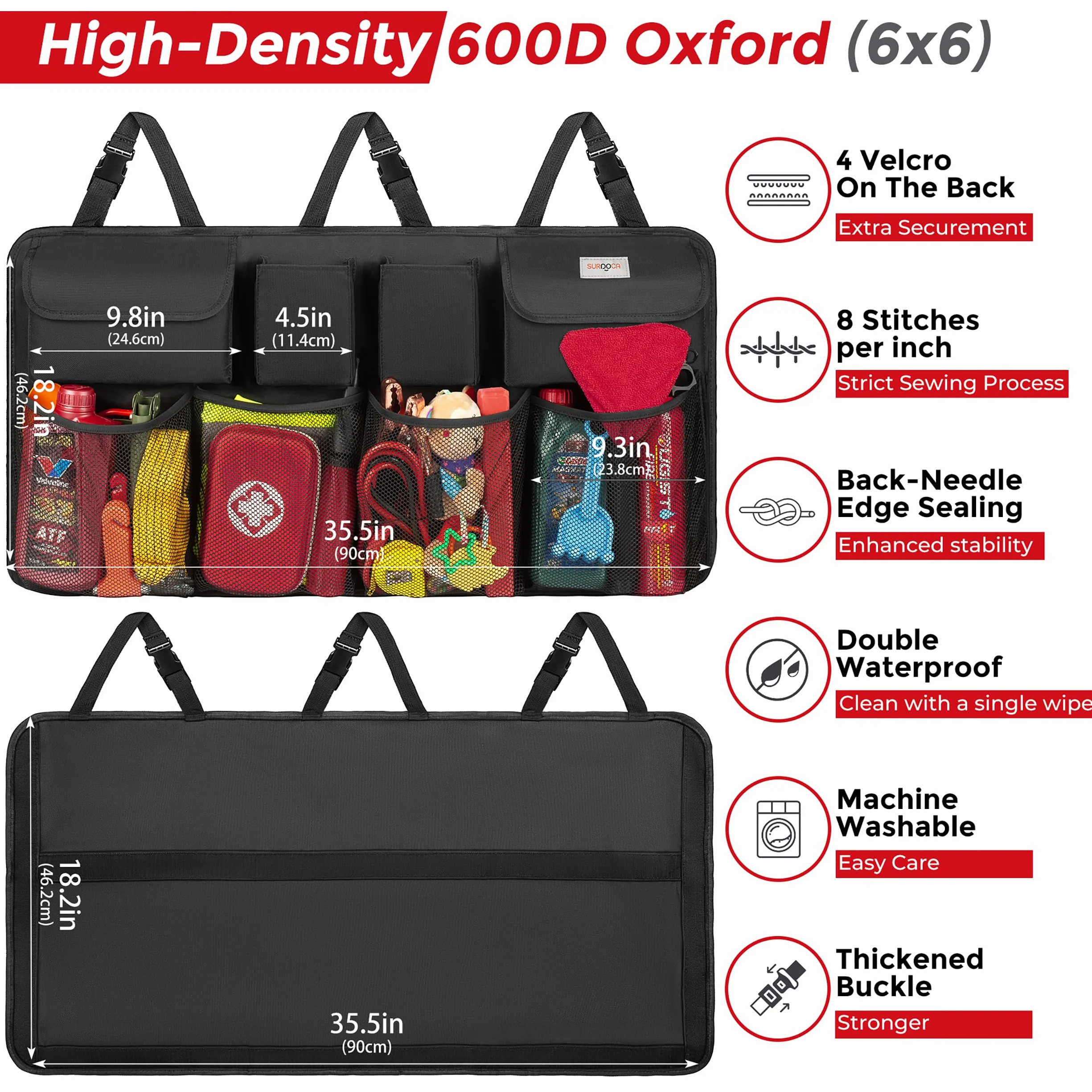 SURDOCA Car Trunk Organizer - 3rd Gen Super pojemność samochodu wiszące organizator, wyposażony w 4 Magic Stick, Car Trunk schludny worek przechowywania z pokrywami