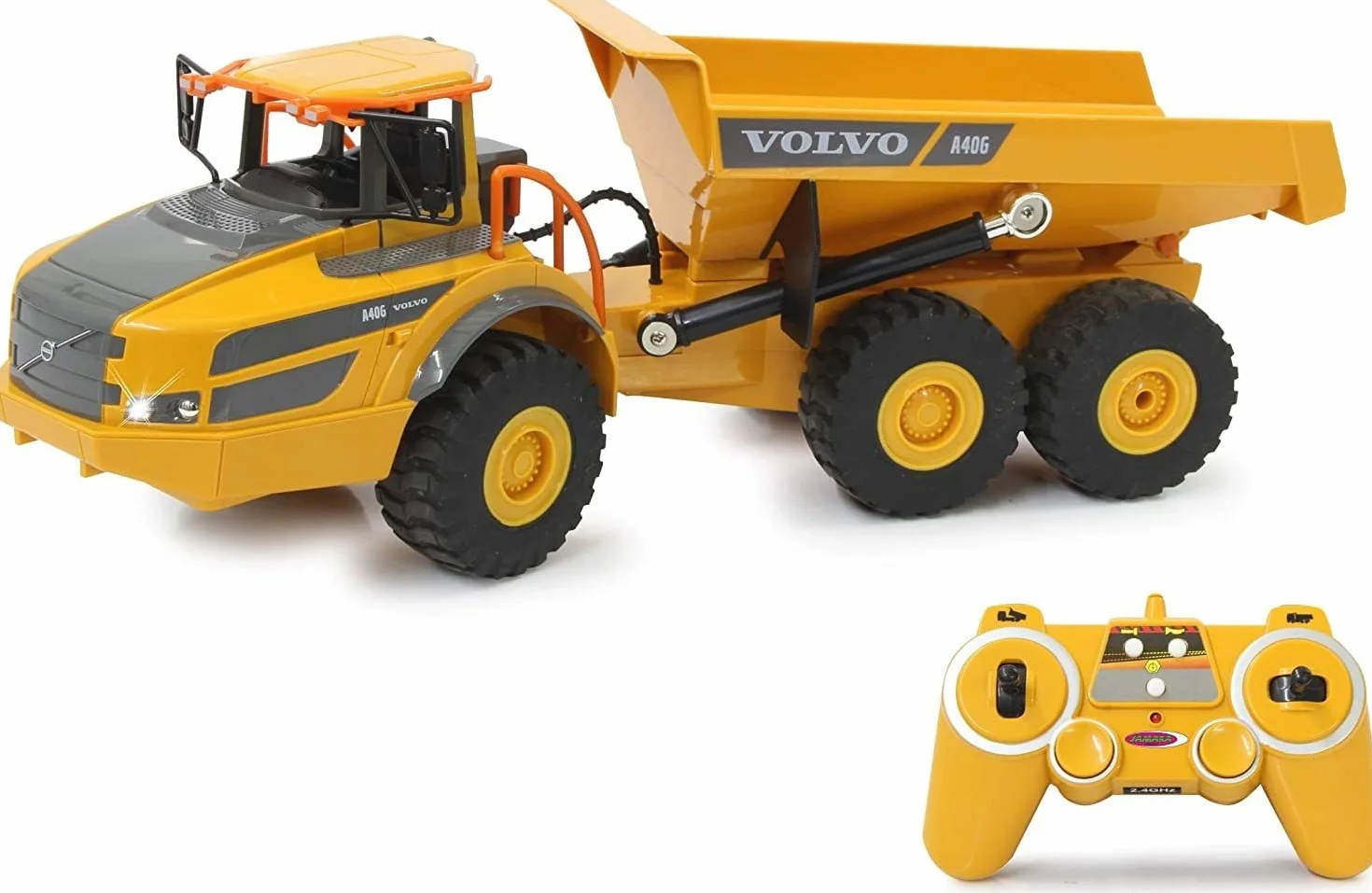 JAMARA 405056 - wywrotka Volvo A40G 1:20 2,4 GHz - wierne zginanie, wywrotka w górę/w dół, realistyczny dźwięk silnika (z możliwością wyłączenia), tryb demo, napęd na 2 koła, tryb automatycznego