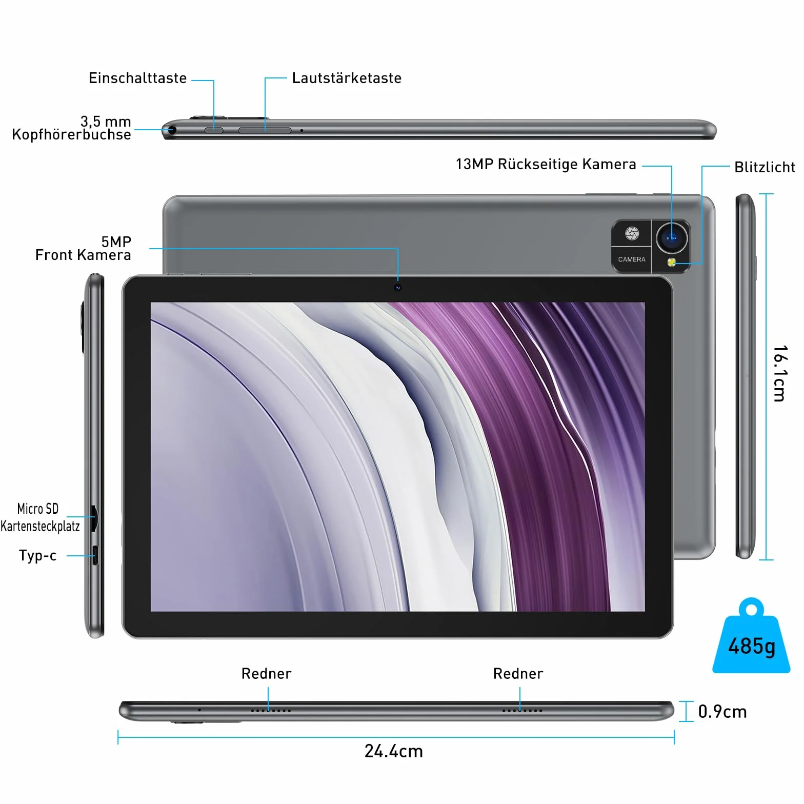 XGODY Tablet 10-calowy Android 13 z klawiaturą 2,4 G/5G WLAN 4-rdzeniowy 2,0 GHz | 12 GB RAM + 128 GB ROM (TF 1 TB) | FHD | aparat 5 + 13 MP | 7000 mAh | Bluetooth 5.0, tablet PC – szary