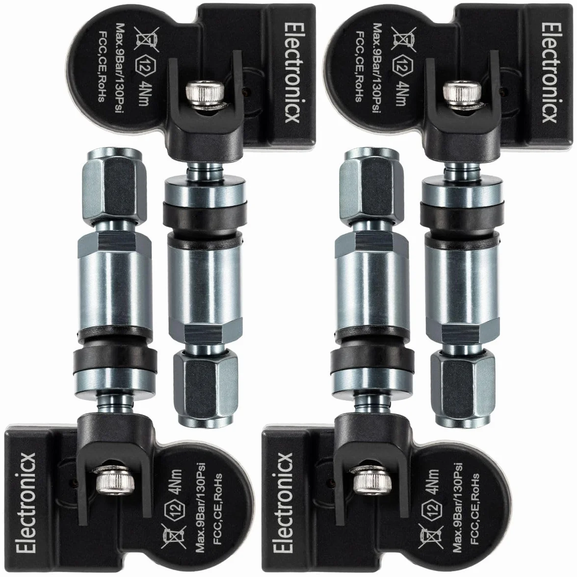 Electronicx 4 x RDKS czujnik kompatybilny z Land Rover Freelander 2005-2015, wstępnie zaprogramowany czujnik ciśnienia w oponach 433 MHz, zawór metalowy, Gunmetal, zestaw 4 sztuk, zamiennik do felg