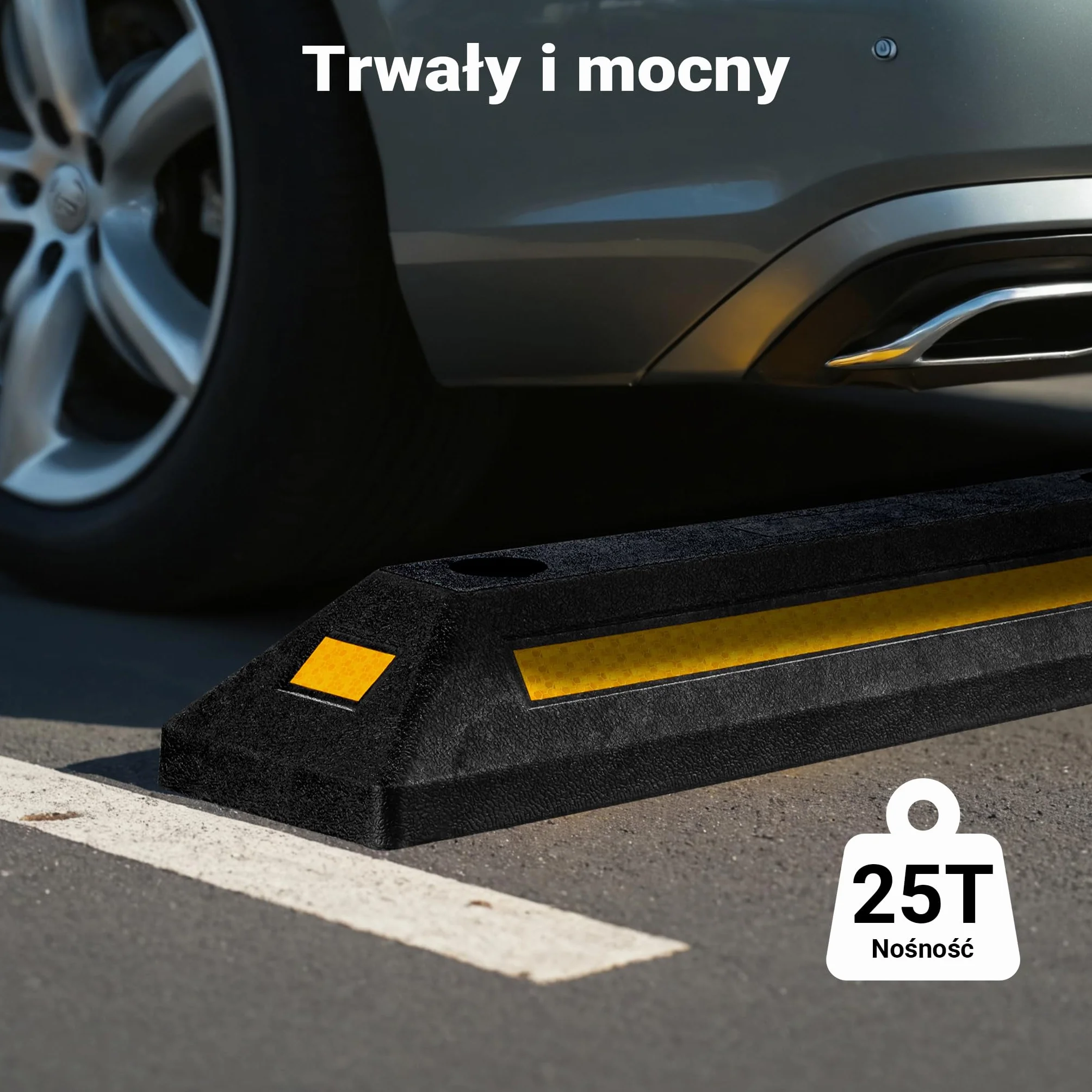 Wiltec Ogranicznik parkingowy 2 szt. 56 x 15 x 10 cm czarny z żółtą taśmą odblaskową, odbojnik gumowy do garażu i parkingu