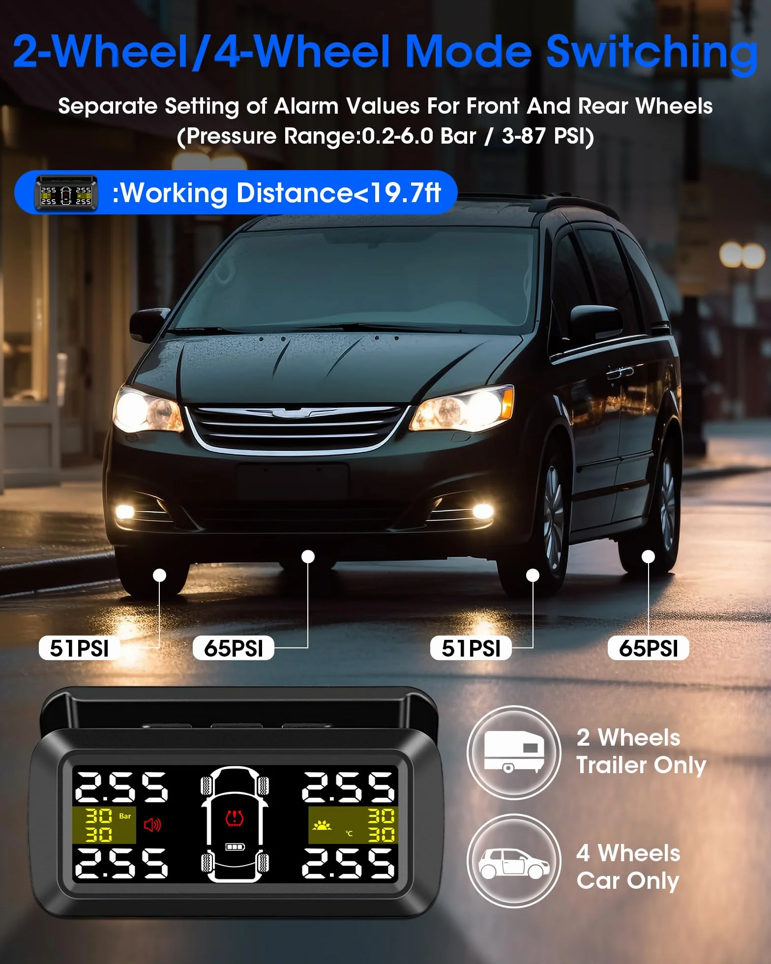 TPMS System kontroli ciśnienia w oponach 4 zewnętrzne czujniki 0,01 bar 5–87 Psi do Vanów SUV