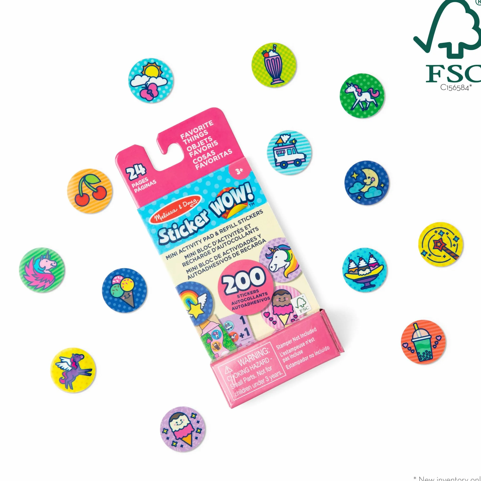 Melissa & Doug Naklejka Wow! Mini blok aktywności i 200 naklejek do ładowania zabawek Fidget Stempel kolekcjonerski do dzieł sztuki, naklejki różne ulubione przedmioty