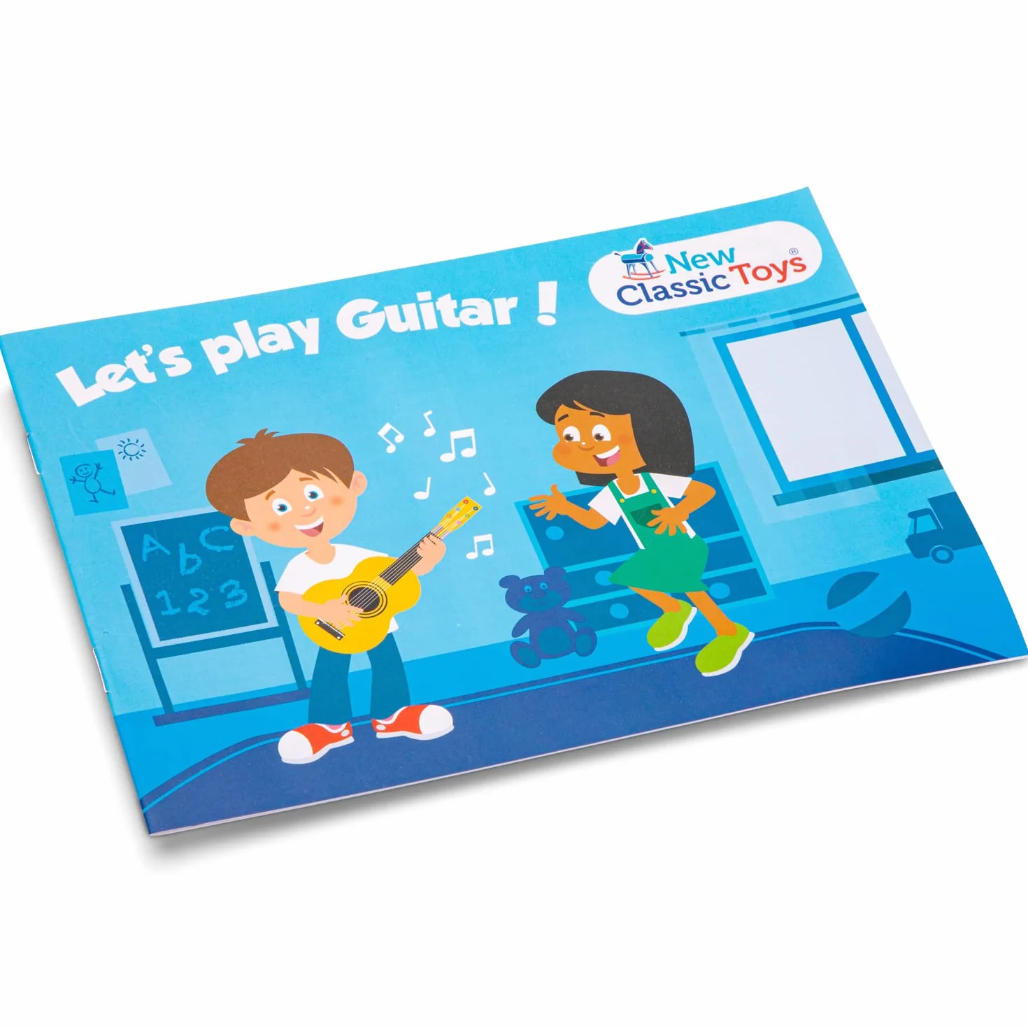 New Classic Toys 10304 Drewniana zabawka gitarowa dla małych dzieci 3 chłopców i dziewcząt prezenty dla niemowląt, instrumenty muzyczne dla dzieci w wieku trzech lat inkluzywny książka, czerwona,