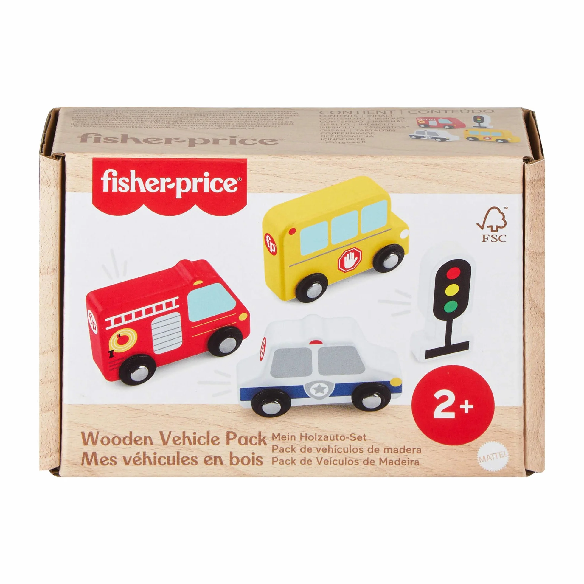Fisher-Price Drewniane samochody Zestaw 3 pojazdów do zabawy: wóz strażacki, autobus i radiowóz + sygnalizator, drewniane zabawki dla dzieci od 2 roku życia, JCY32