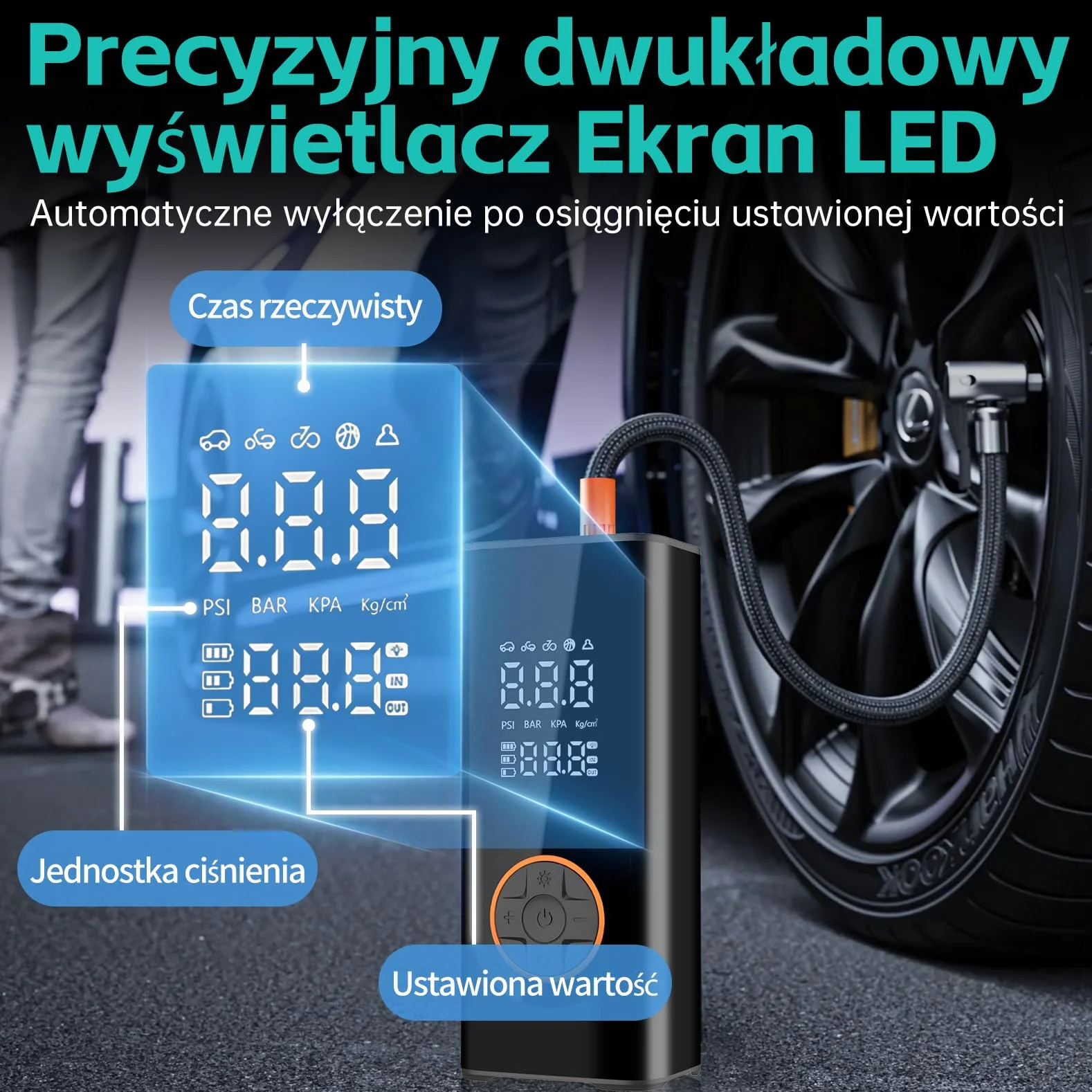 Bezprzewodowa pompka do opon przenośna sprężarka powietrza cyfrowa samochodowych elektryczna Pompa 6000mAh z Podwójnym Wyświetlaczem Preset Pressure AutoStop DC 12 V 150 PSI rowerów/Rower/Motocyk