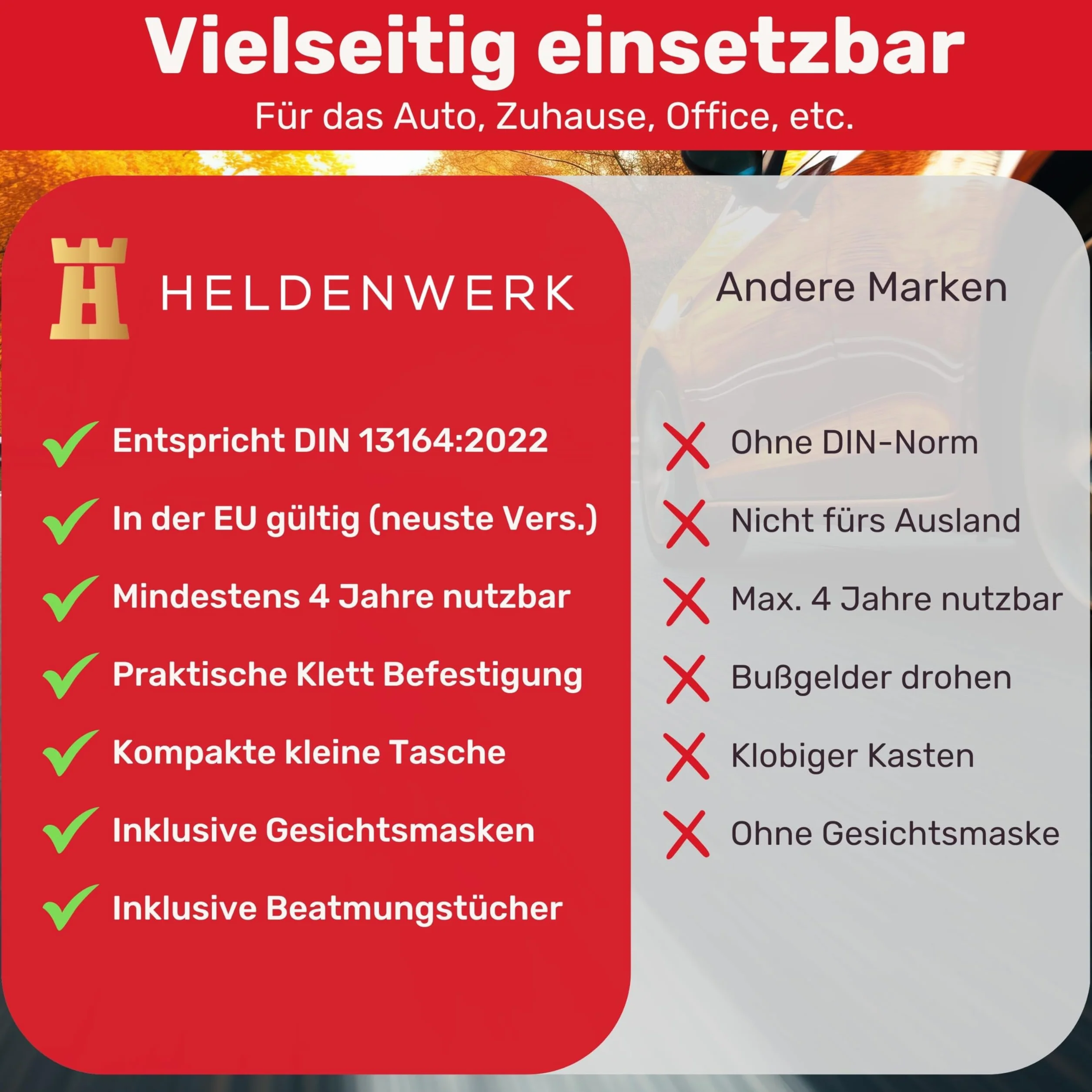 HELDENWERK Apteczka pierwszej pomocy zgodna z aktualną normą 2024 DIN 13164:2022 (zgodna z niemieckim kodeksem drogowym) – do użytku w całej Europie – zestaw pierwszej pomocy samochodowy apteczka
