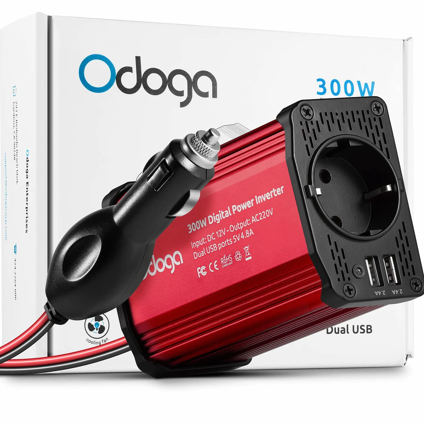 Odoga Falownik samochodowy 300 W 12 V na 240 V / 230 V, podwójne porty ładowania USB 4,8 A – ładuj laptopa, iPada, iPhone'a, tablet, konsole i trwalsze i wydajne, czerwony aluminiowy korpus