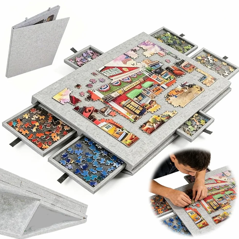 Odchylana deska do puzzli 2 w 1 ze stojakiem i pokrywą, lekka filcowa deska do puzzli z 6 szufladami dla dorosłych, przenośny filcowy stół do puzzli, do 1000 elementów, akcesoria do puzzli