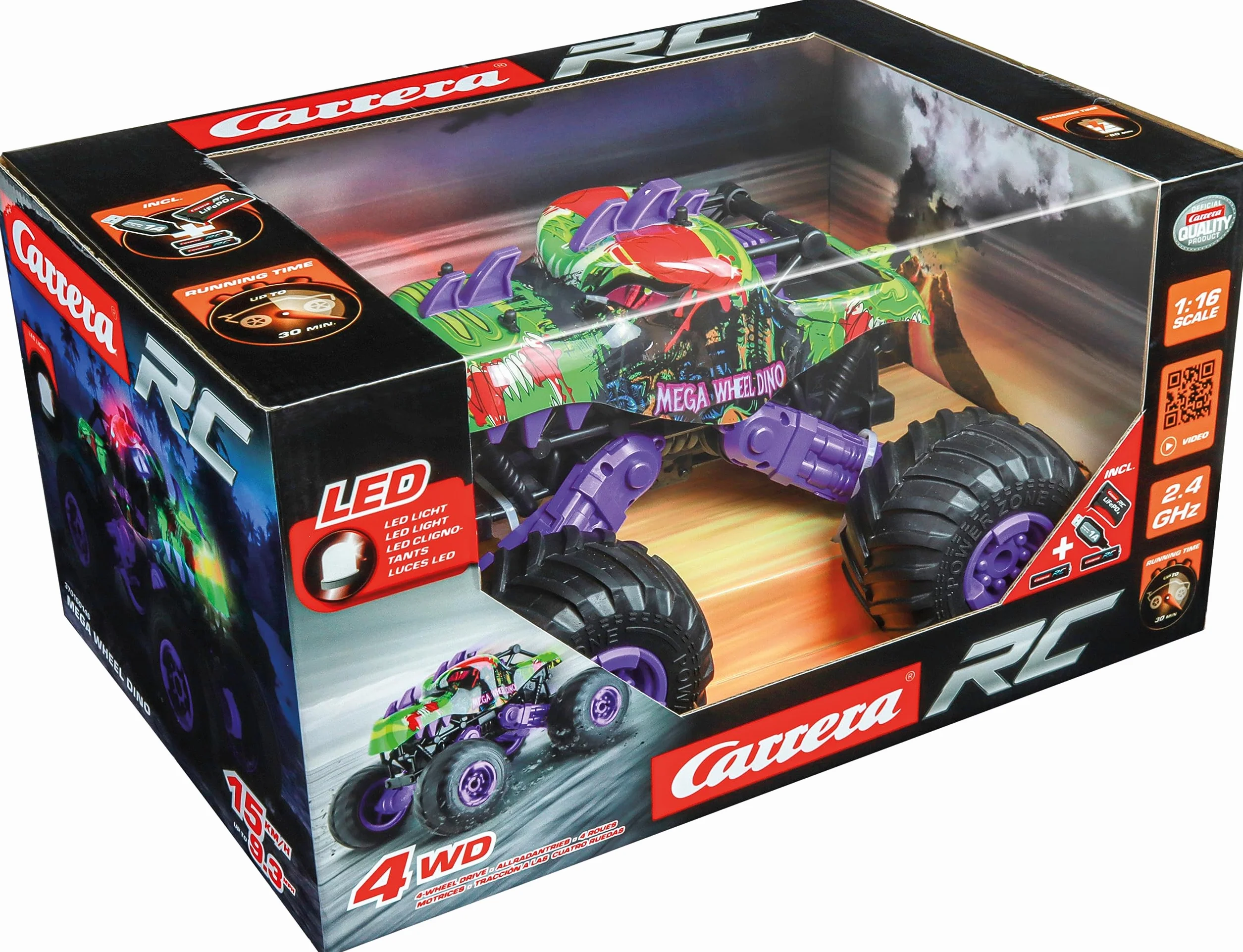 Carrera 370160146 Carrera RC Mega Wheel Dino Imponujące 360 akrobacji i spektakularne pokazy świetlne napęd na wszystkie koła i wysokiej jakości technika niesamowite wrażenia terenowe