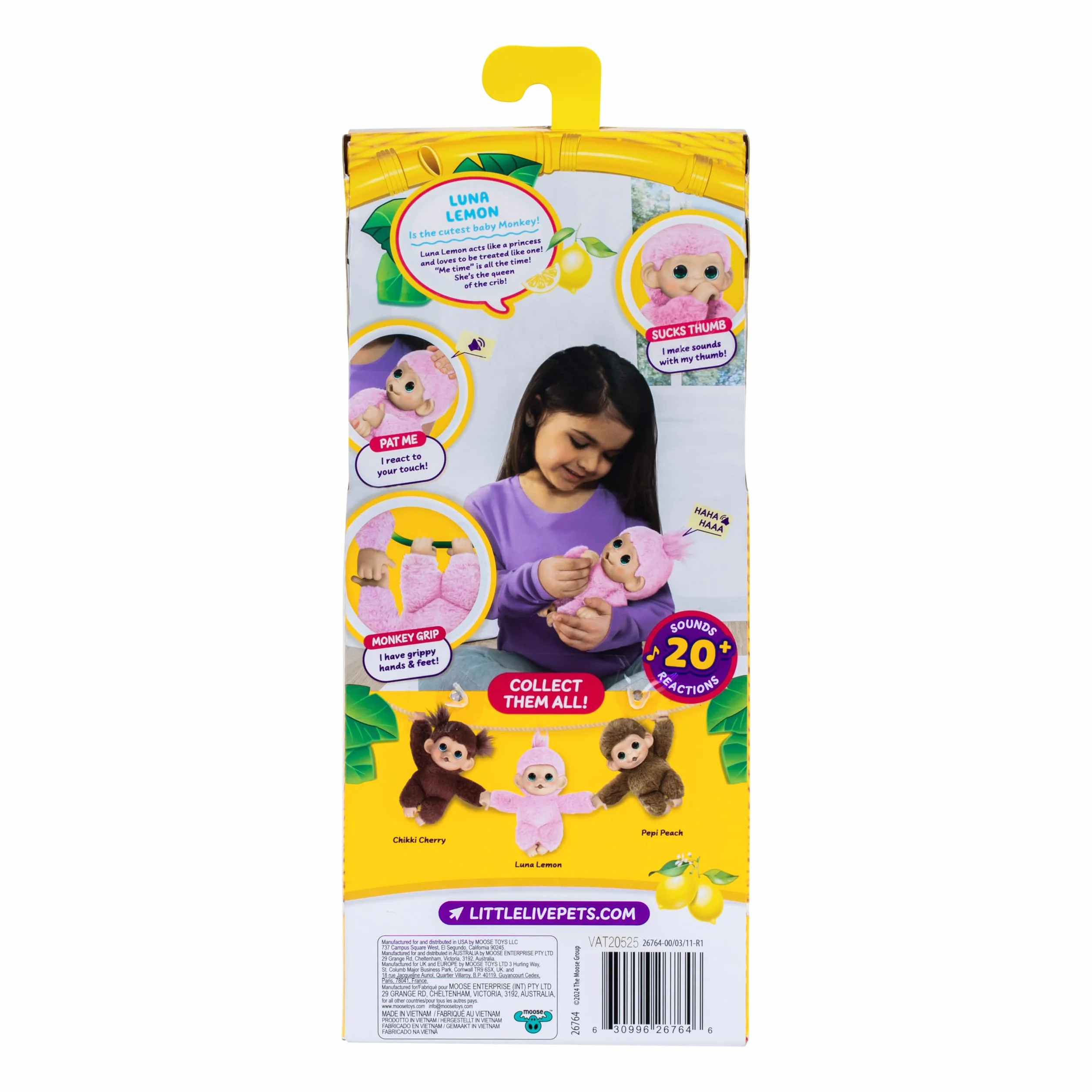 Little Live Pets Baby Monkey Minis – Luna Lemon. Interaktywna zabawka dla zwierząt domowych. Ponad 20 dźwięków i reakcji. Miękkie różowe futro. 18,8 cm wysokości. Karmić, pielęgnować. Reaguj
