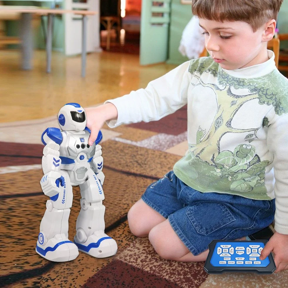 HUSAN Robot zdalnego sterowania dla dzieci, inteligentny tańczący robot z kontrolerem na podczerwień, zabawki, programowalny, śpiewanie, spacery po księżycu i oczy LED, zestaw robotów do wykrywania gestów dla dzieci (niebieski)