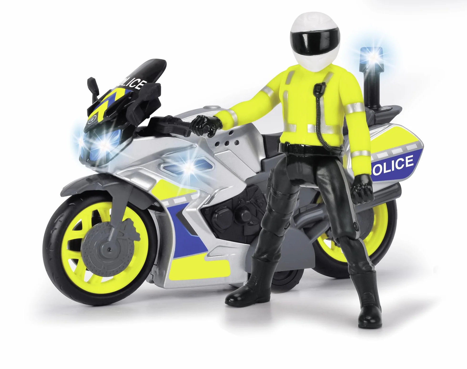 Dickie Toys Motocykl policyjny – zabawka motocyklowa z figurką policjanta, dla dzieci od 3 lat, z niebieskim światłem i syreną, wolnobieg, długość 17 cm