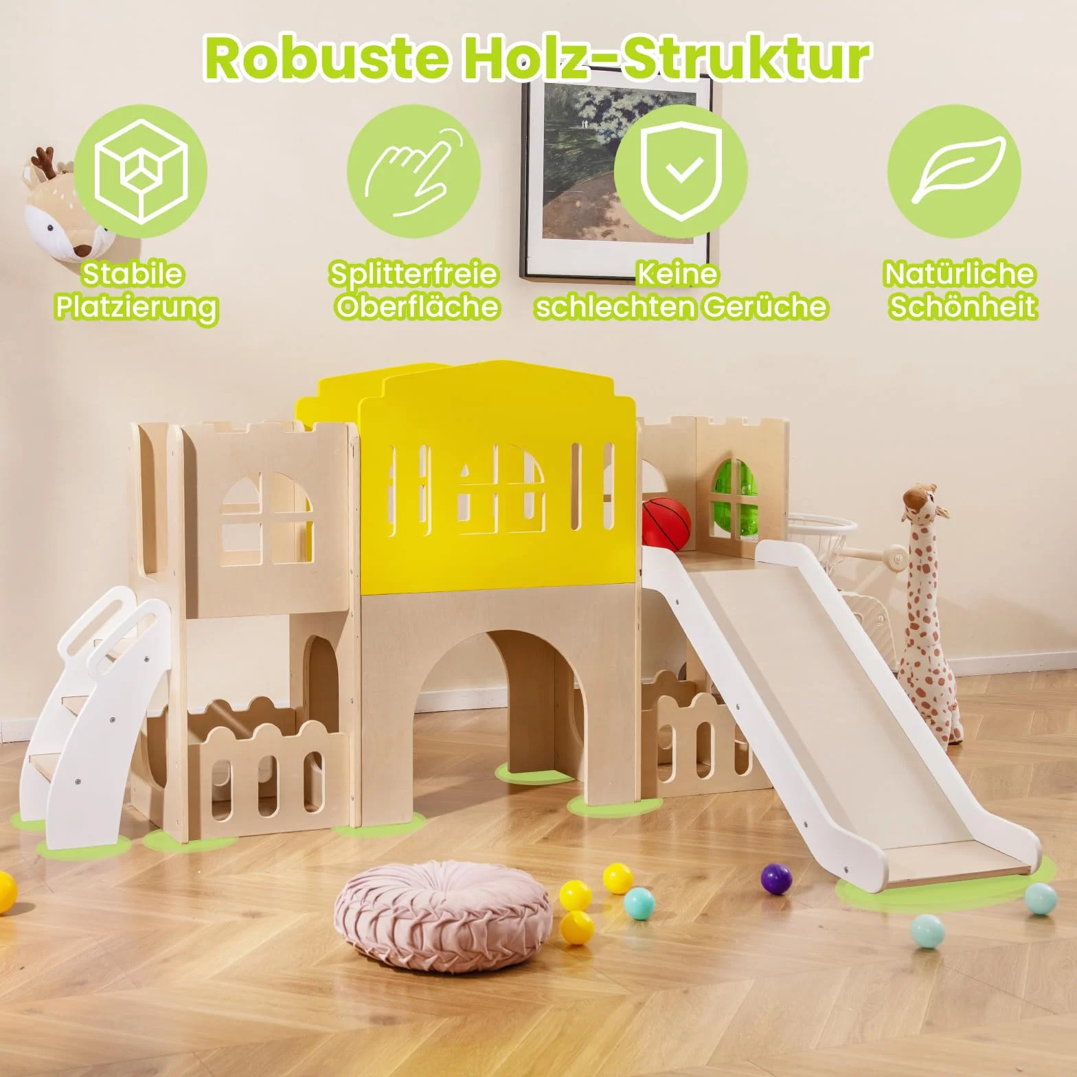 COSTWAY Zjeżdżalnia dziecięca 7 w 1, z drabinką do wspinaczki, koszem do koszykówki, tunelem i miejscem do przechowywania, do wspinaczki, drewniany plac zabaw dla dzieci od 3 lat
