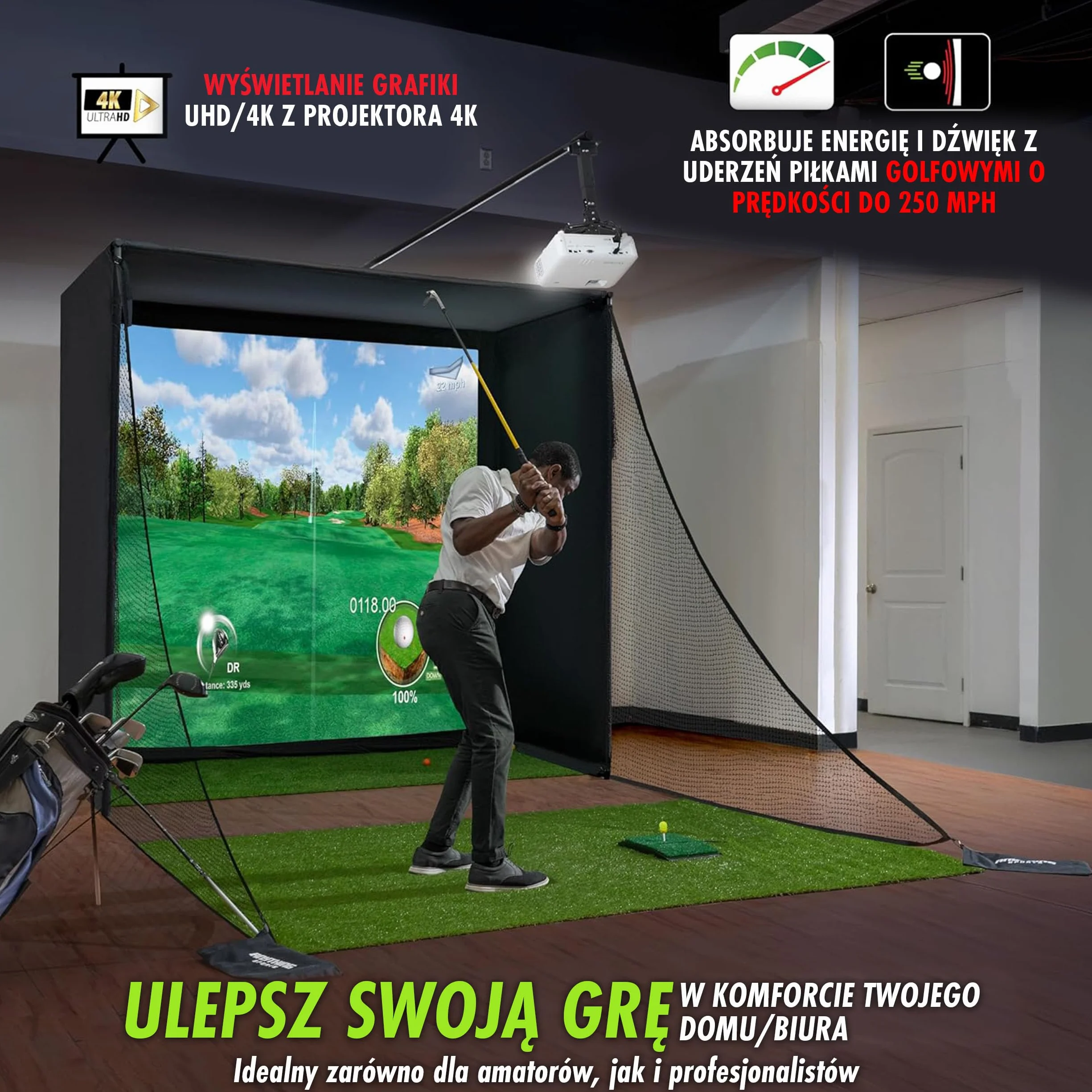 Anything Sports - Symulator Golfa Indoor Z Ekranem Uderzeniowym 4k I Siatką Ochronną - Profesjonalna Metalowa Klatka Golfowa Do Domu I Garażu - Kompletny Zestaw Treningowy - Różne Rozmiary