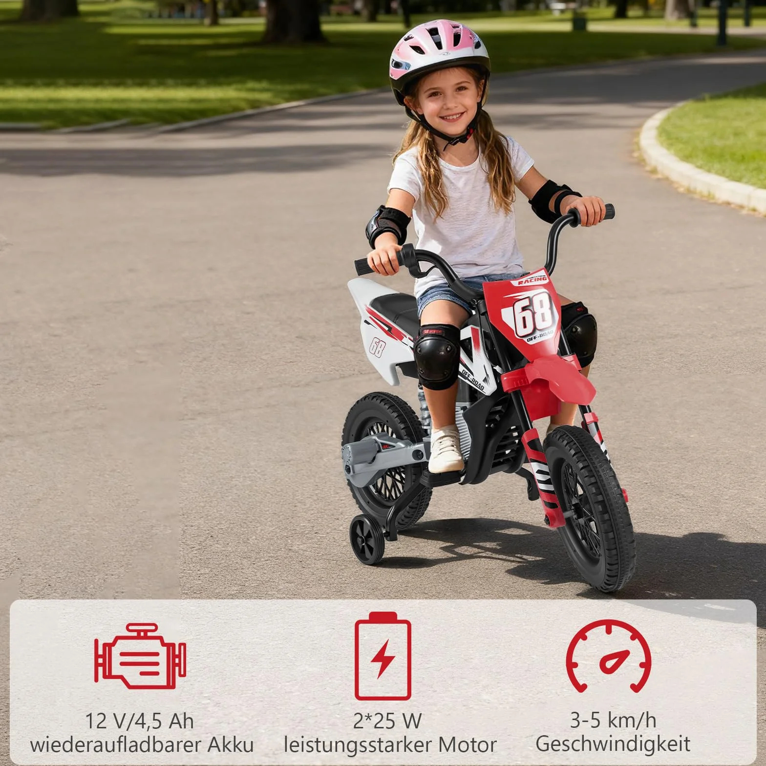 GOPLUS Motocykl dziecięcy 12 V, elektryczny motocykl dziecięcy z 2 kółkami podporowymi, zdejmowany, elektryczny z pedałami nożnymi, muzyka i amortyzacja, motocykl Eletro 3-5 km/h, dla dzieci 3-8 lat
