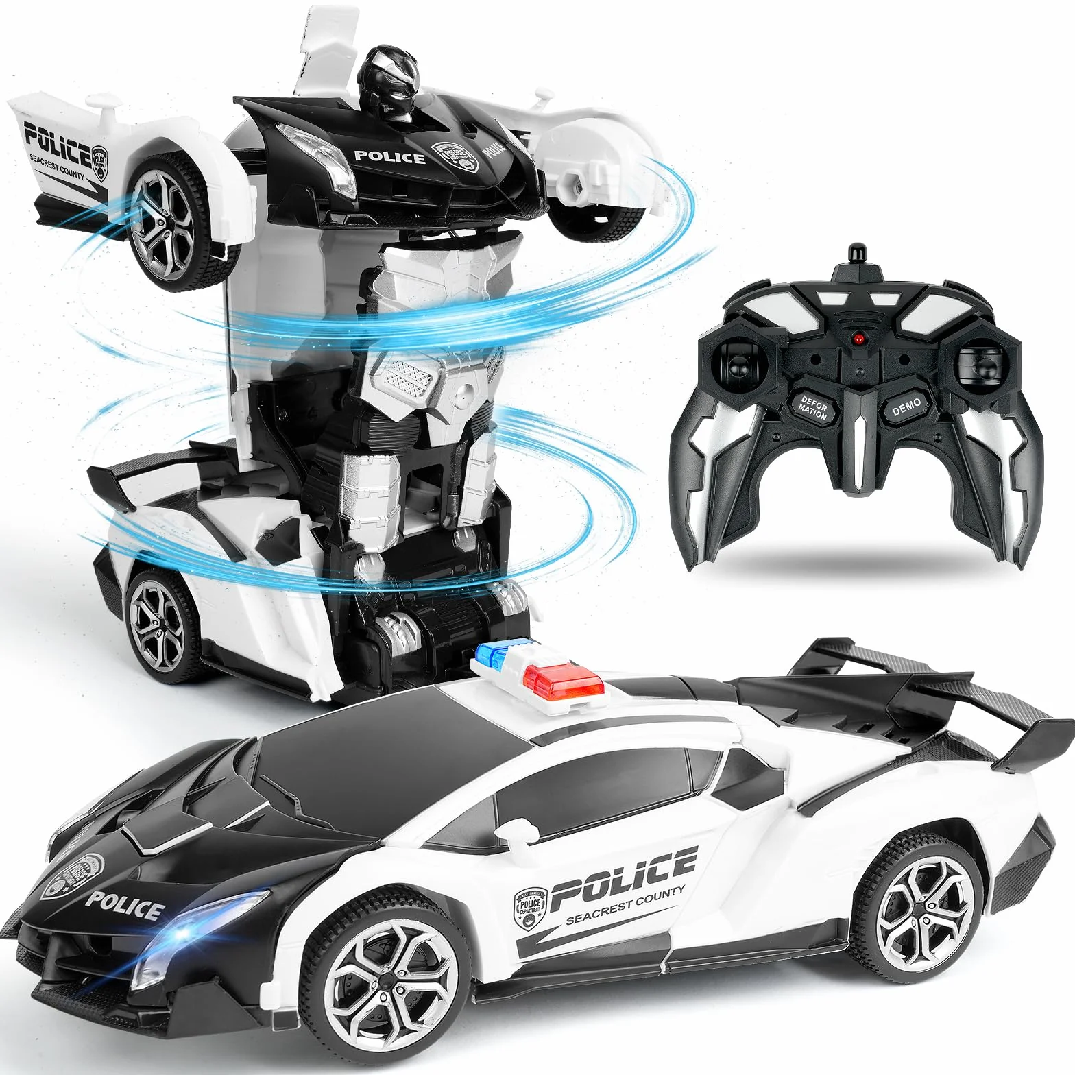 HOTUT Transform Toys 2 w 1 zdalnie sterowany samochód RC policji z 360 obrotami i chłodnym światłem, ładowalny 2,4 GHz zabawka dla chłopców od 6 lat