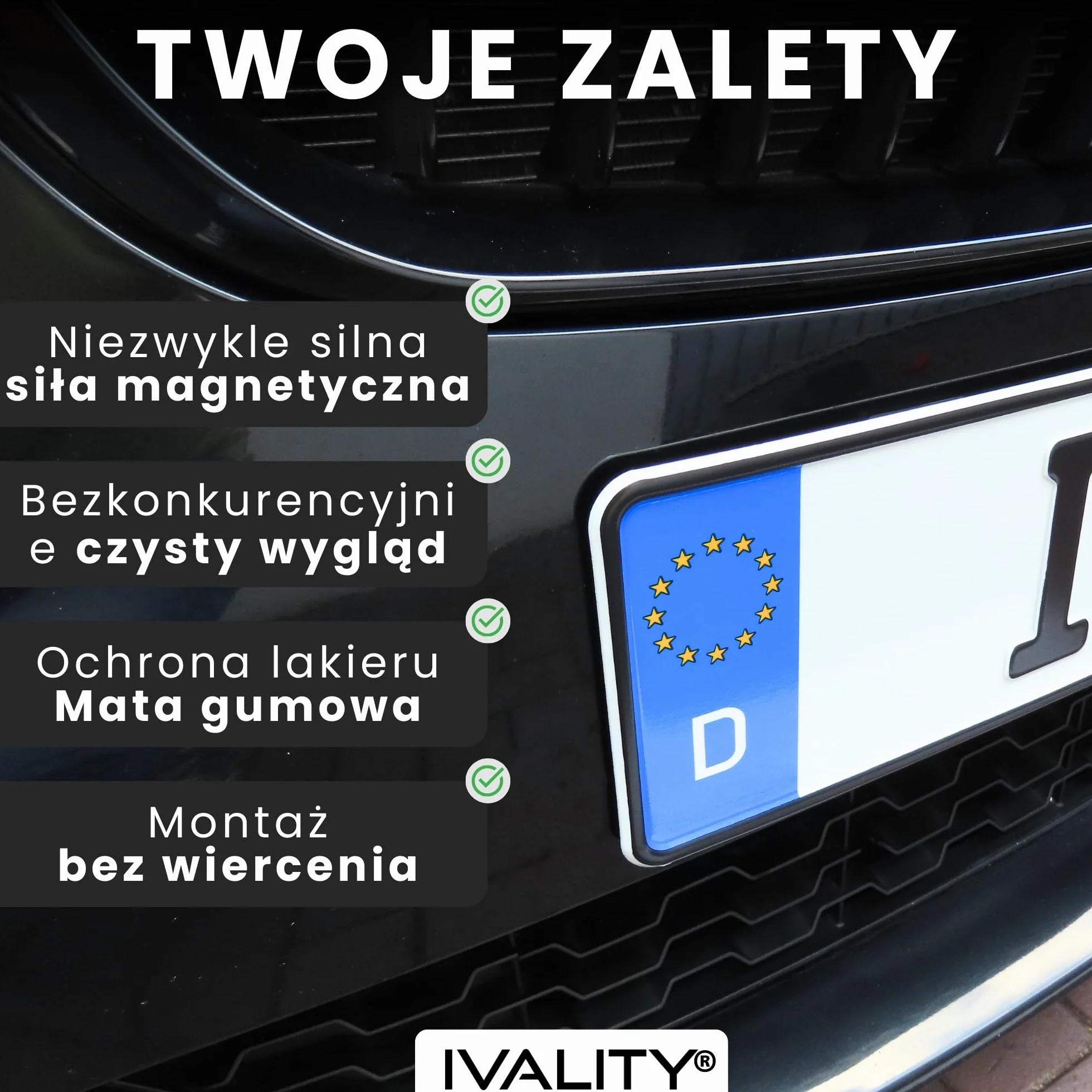 IVALITY® 1x Niewidoczny uchwyt na tablicę rejestracyjną z magnesem | Bezramkowy uchwyt na tablicę rejestracyjną z magnesem | Do polskich tablic rejestracyjnych