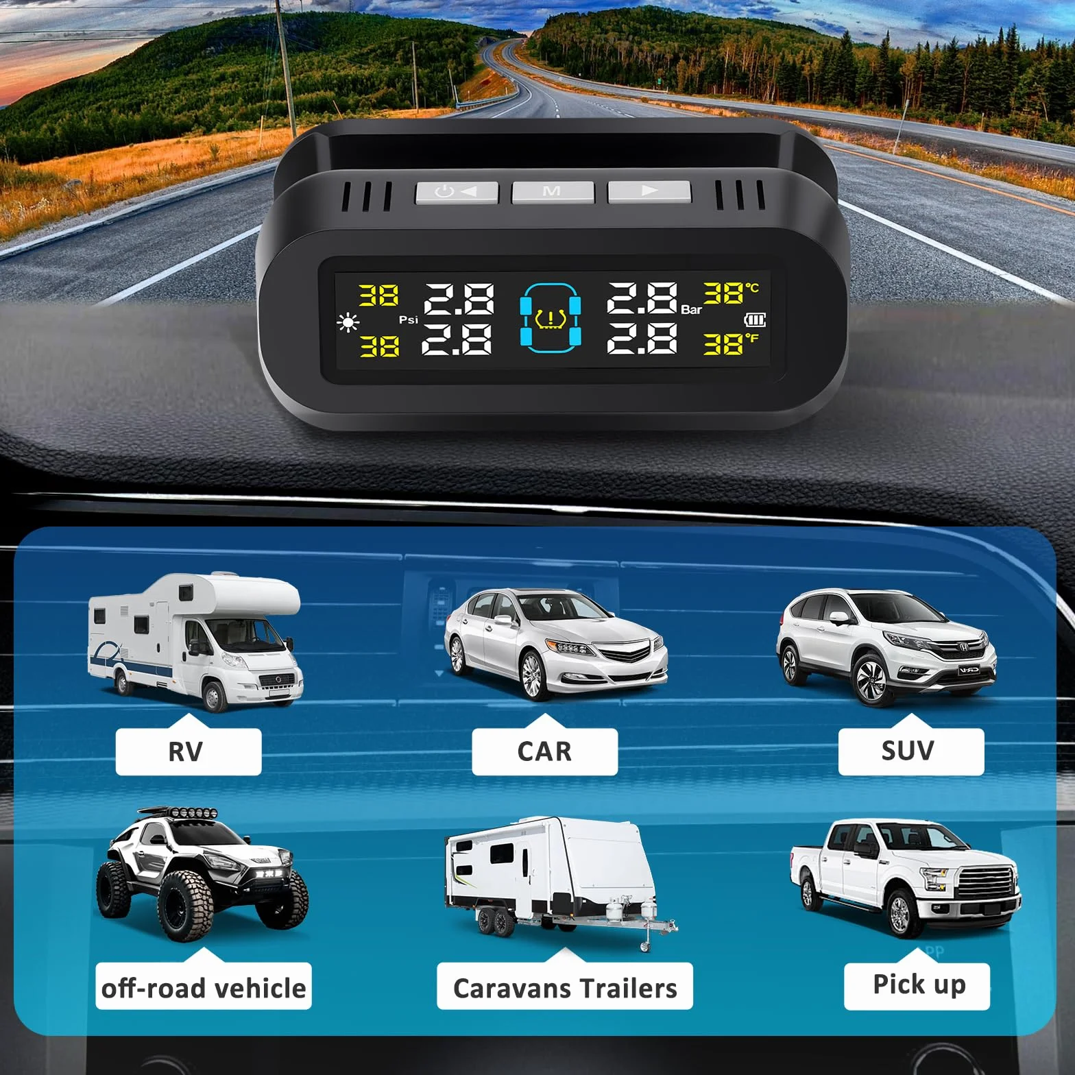 System monitorowania ciśnienia w oponach TPMS monitor ciśnienia w oponach solarny bezprzewodowy i ładowanie USB z 4 czujnikami zewnętrznymi, alarmy głosowe do samochodów kempingowych, SUV-ów