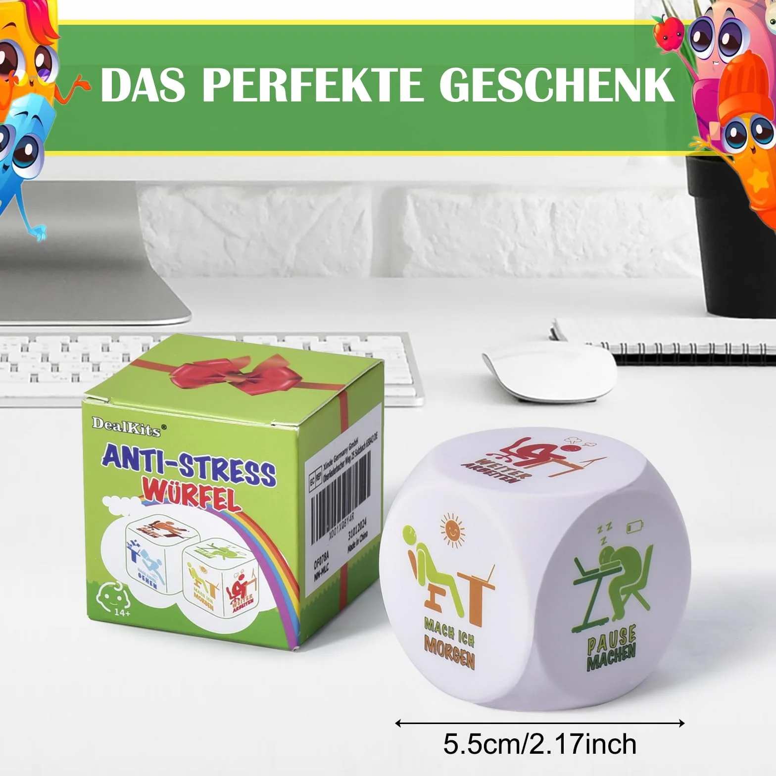DealKits Biurowe kostki antystresowe, kolorowe kostki do redukcji stresu z 6 zabawnymi akcjami, zabawna zabawka antystresowa, prezent na pożegnanie, prezent dla kolegów, prezent z pudełkiem na prezent