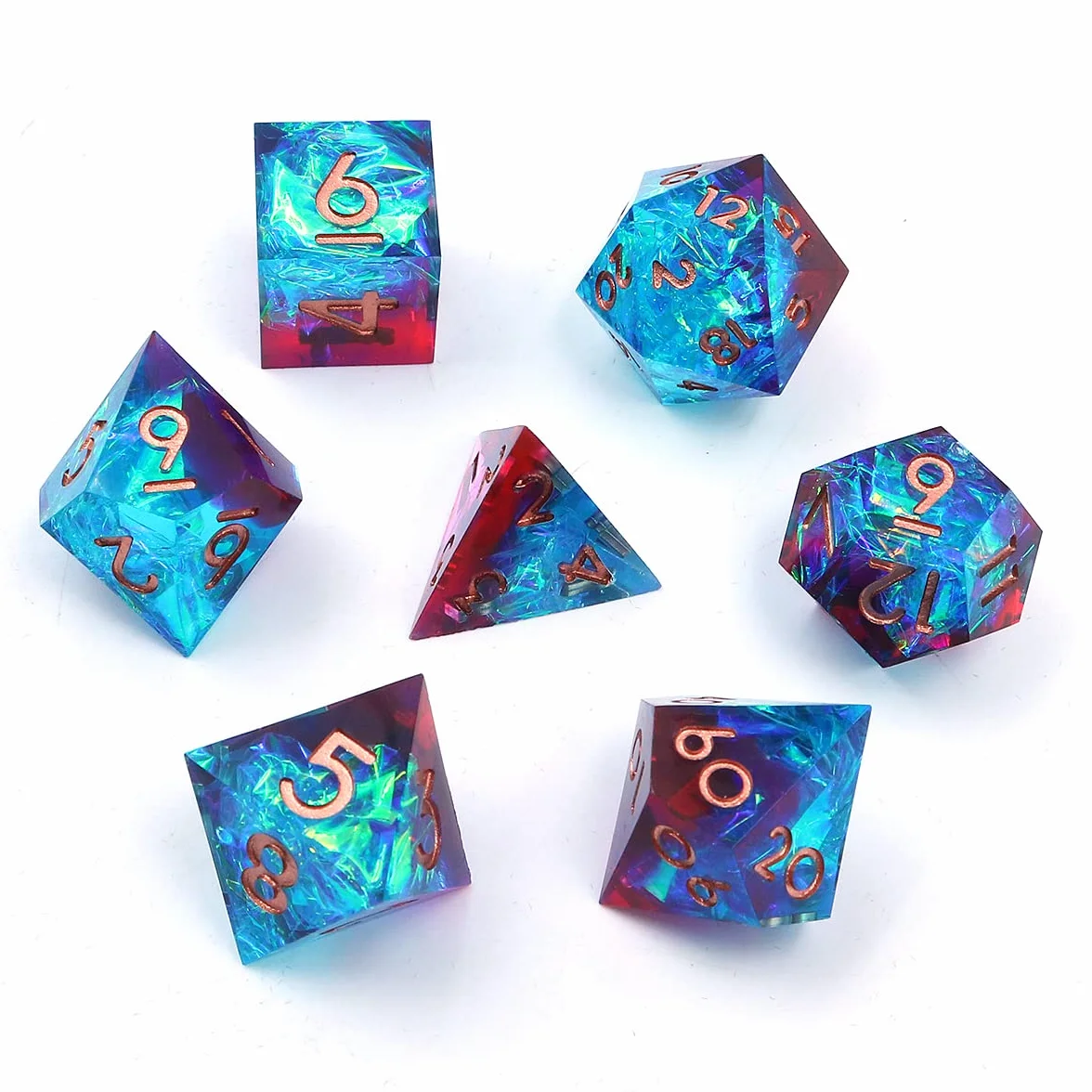DollaTek Zestaw przezroczystych ko?ci RPG, 7 szt. ko?ci DND, D4, D6, D8, D10, D12, D20, czerwone i niebieskie, ze z?ot? foli?, do lochów i smoków oraz gier planszowych