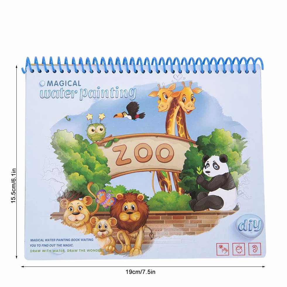Water Drawing Coloring Painting Book Doodle Reusable Water-Reveal Activity Pads Baby Kids Toys Early Education with Pens for Kids[Zoo]