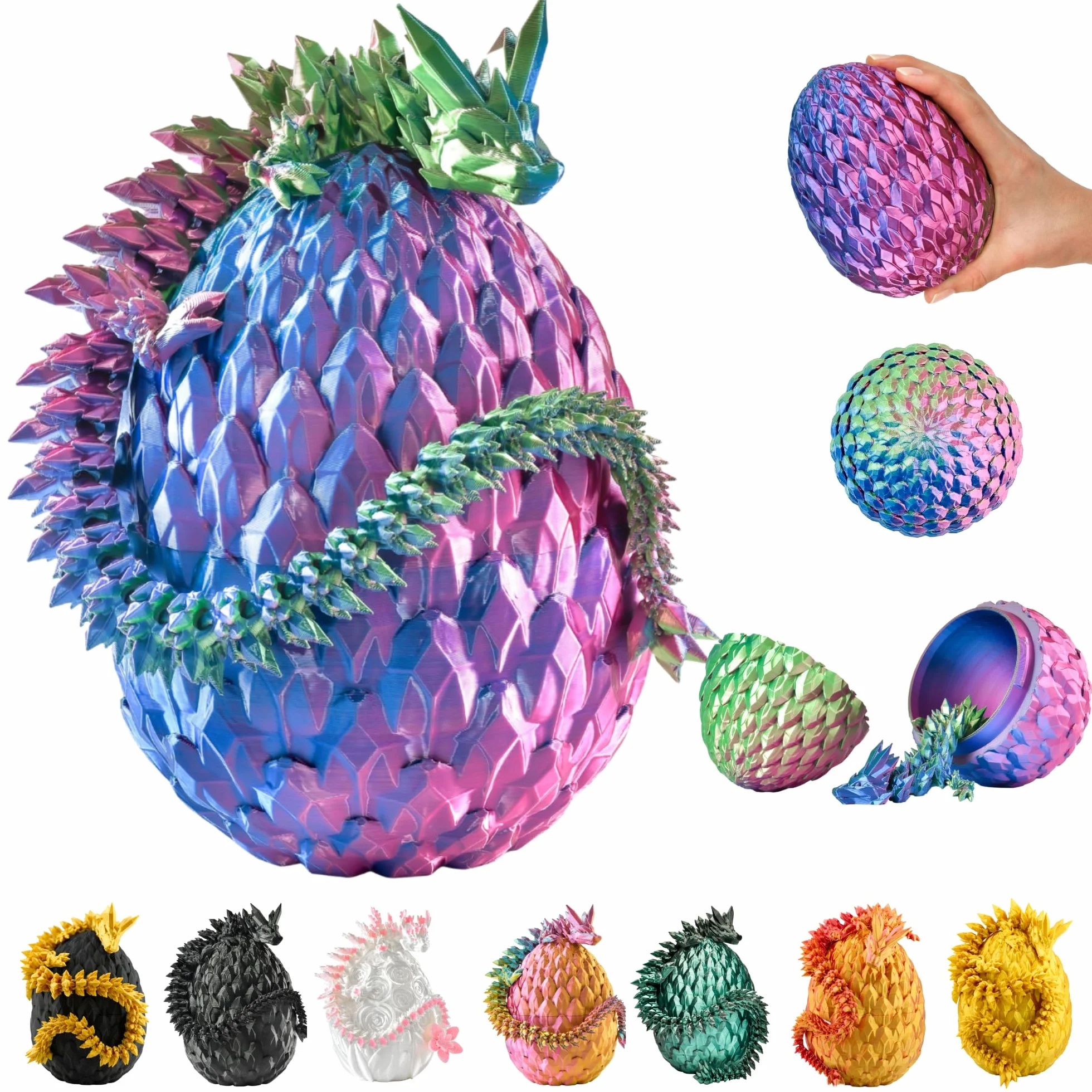 3D Smok w jajku – figurka 30 cm z jajkiem, ruchoma zabawka fantasy i figurka kolekcjonerska dla dzieci (niebieski/zielony/fioletowy)