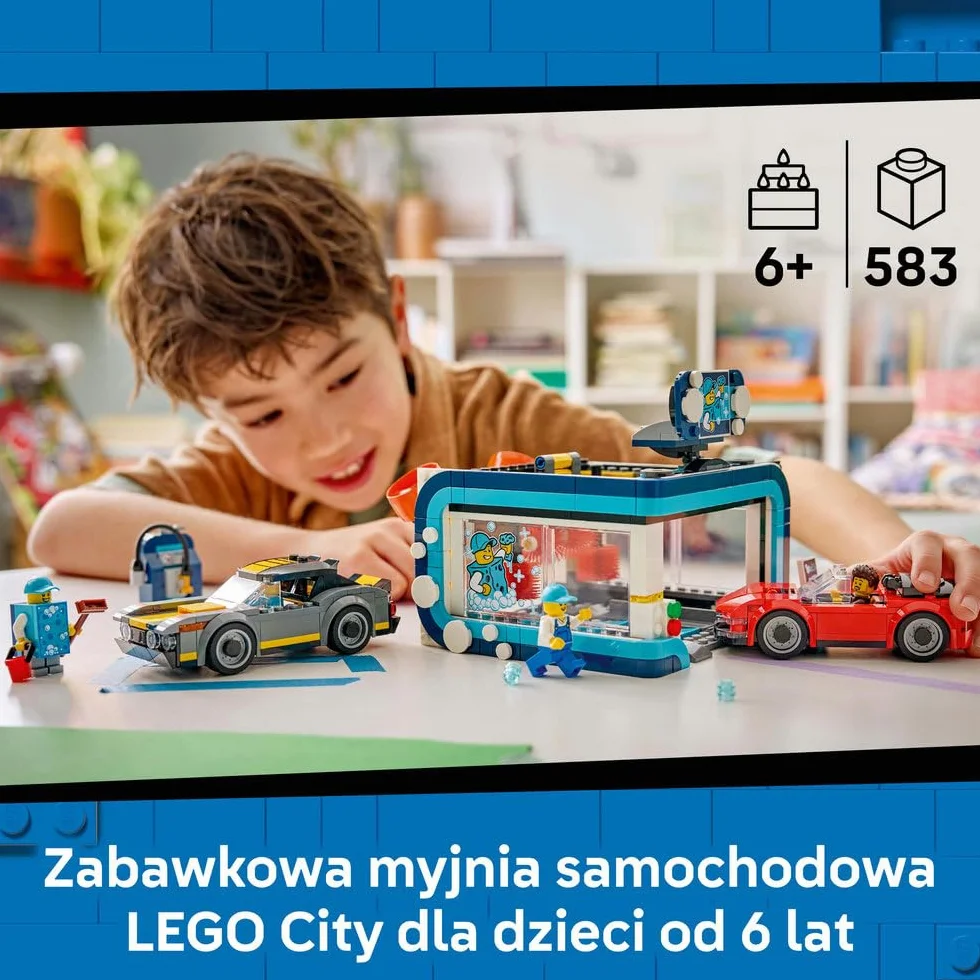 LEGO City Automatyczna myjnia samochodowa, zabawka konstrukcyjna dla dziecka, zestaw z 2 samochodami, pomysł na prezent dla chłopca lub dziewczynki od 6 lat 60497
