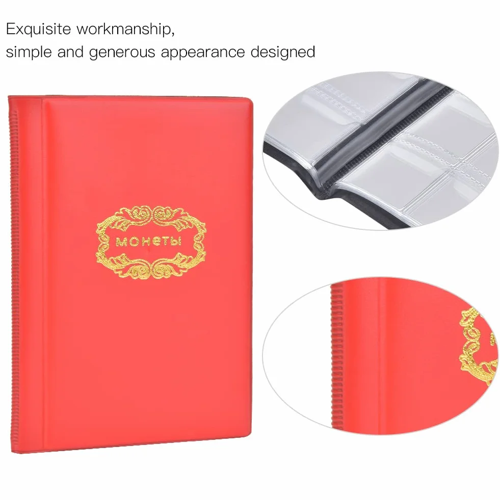 Haofy Album na Pieniądze ze 120 Kieszeniami, Etui na Monety z antypoślizgową osłoną, 10 Stron dla Kolekcjonerów, Opcje w Kolorze Czerwonym i Niebieskim (czerwony)