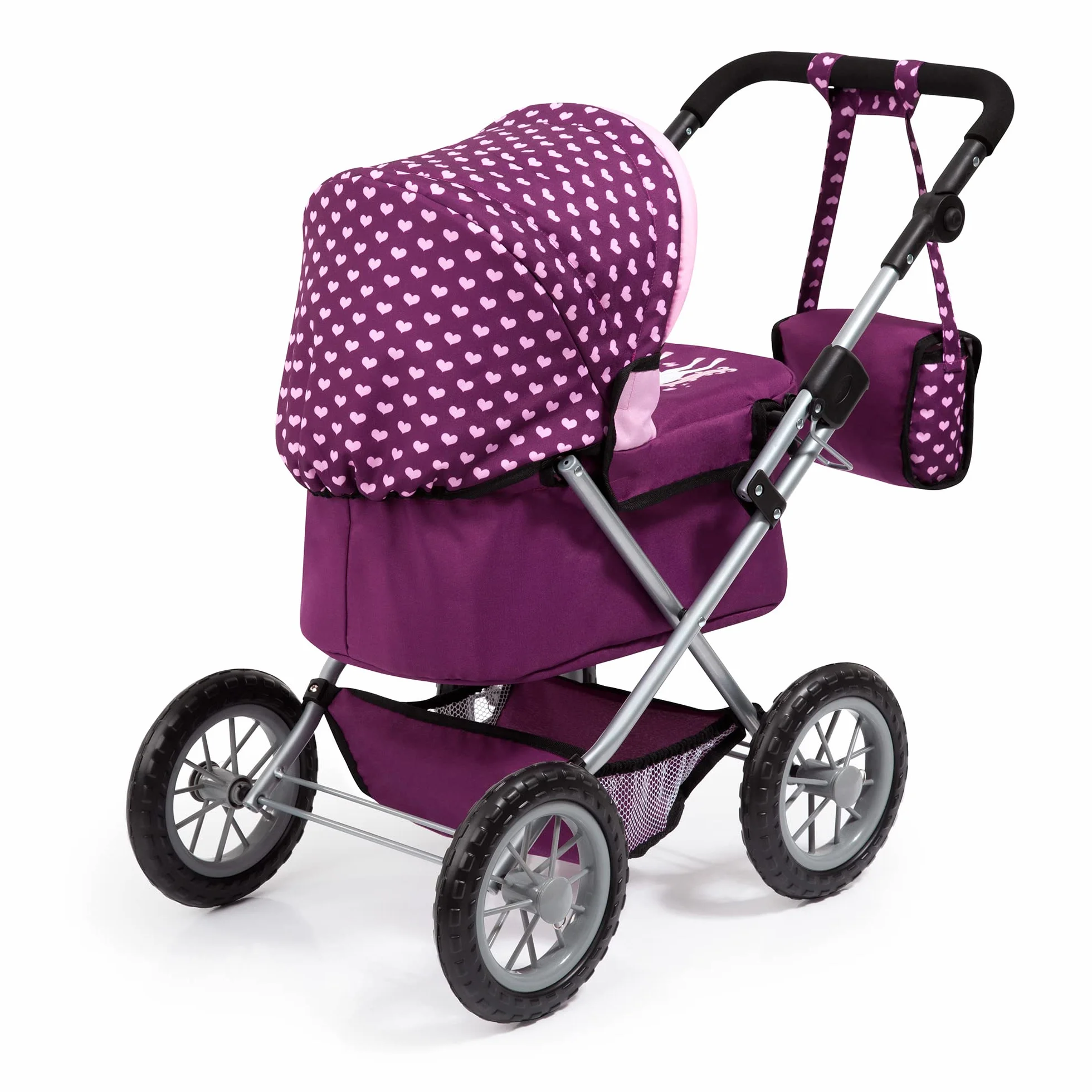 Bayer Design 13037AA Wózek dla lalek Trendy z torbą, regulowaną rączką, składany, zintegrowanym koszem, dużymi kołami, dla chłopców i dziewczynek od 3 lat