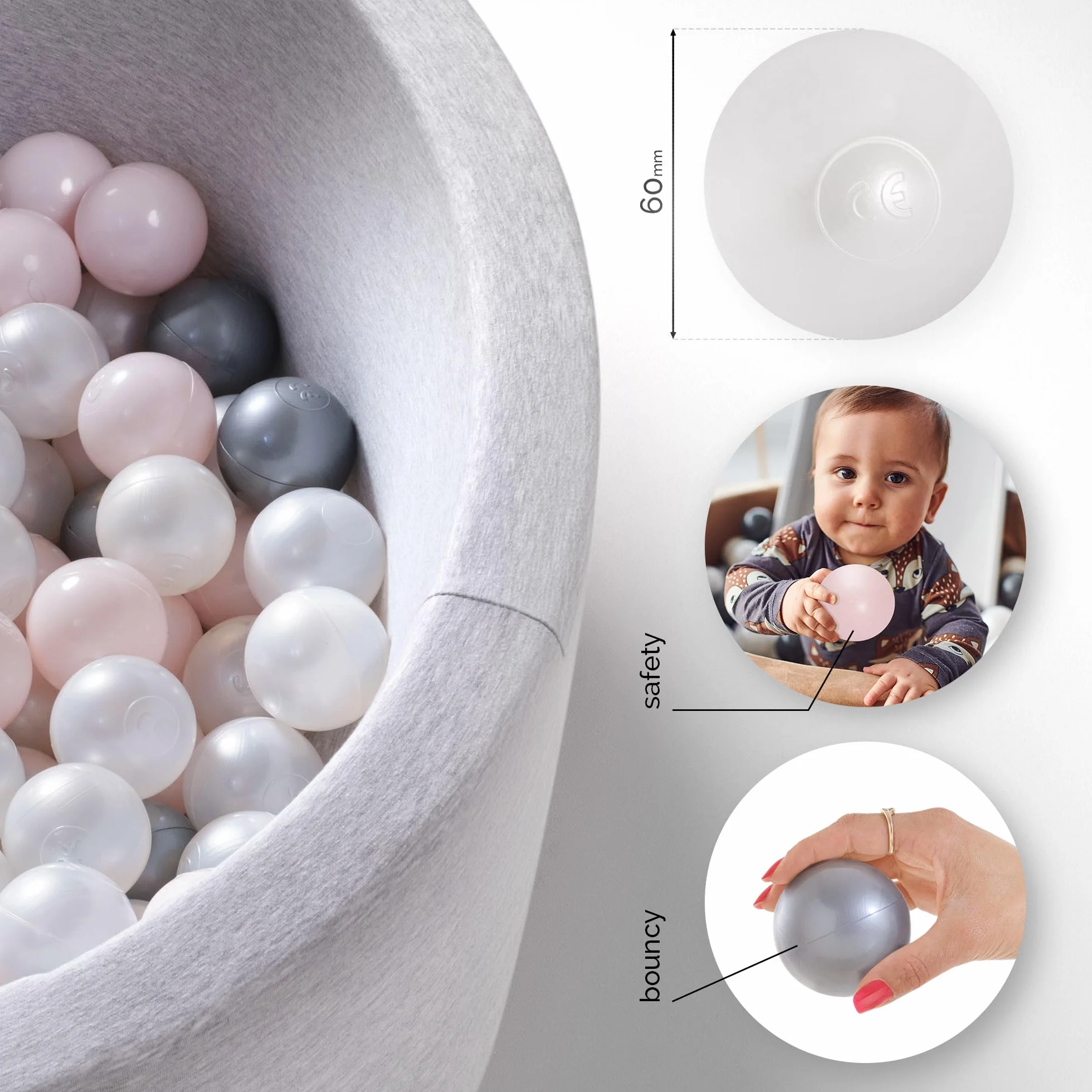 MISIOO Piłki do basenu z piłkami, 150 sztuk, średnica 6 cm, plastikowe piłki wyprodukowane w 100% z LDPE, zabawka dla niemowląt, jasnoróżowe/perłowe/srebrne