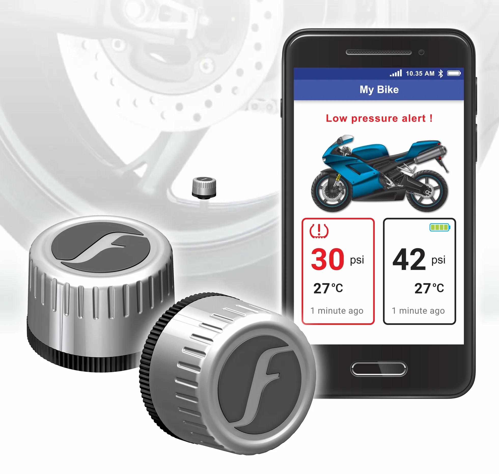 FOBO Bike 2 system monitorowania ciśnienia w oponach z aplikacją, inteligentny czujnik ciśnienia w oponach Bluetooth 5.0 do motocykli, srebrny