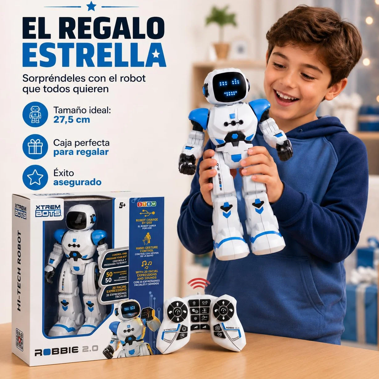 Xtrem Bots - Robbie | Robot programujący dla dzieci, 50 ruchów, niebieski, zabawka dla dzieci od 6 lat, dla chłopców