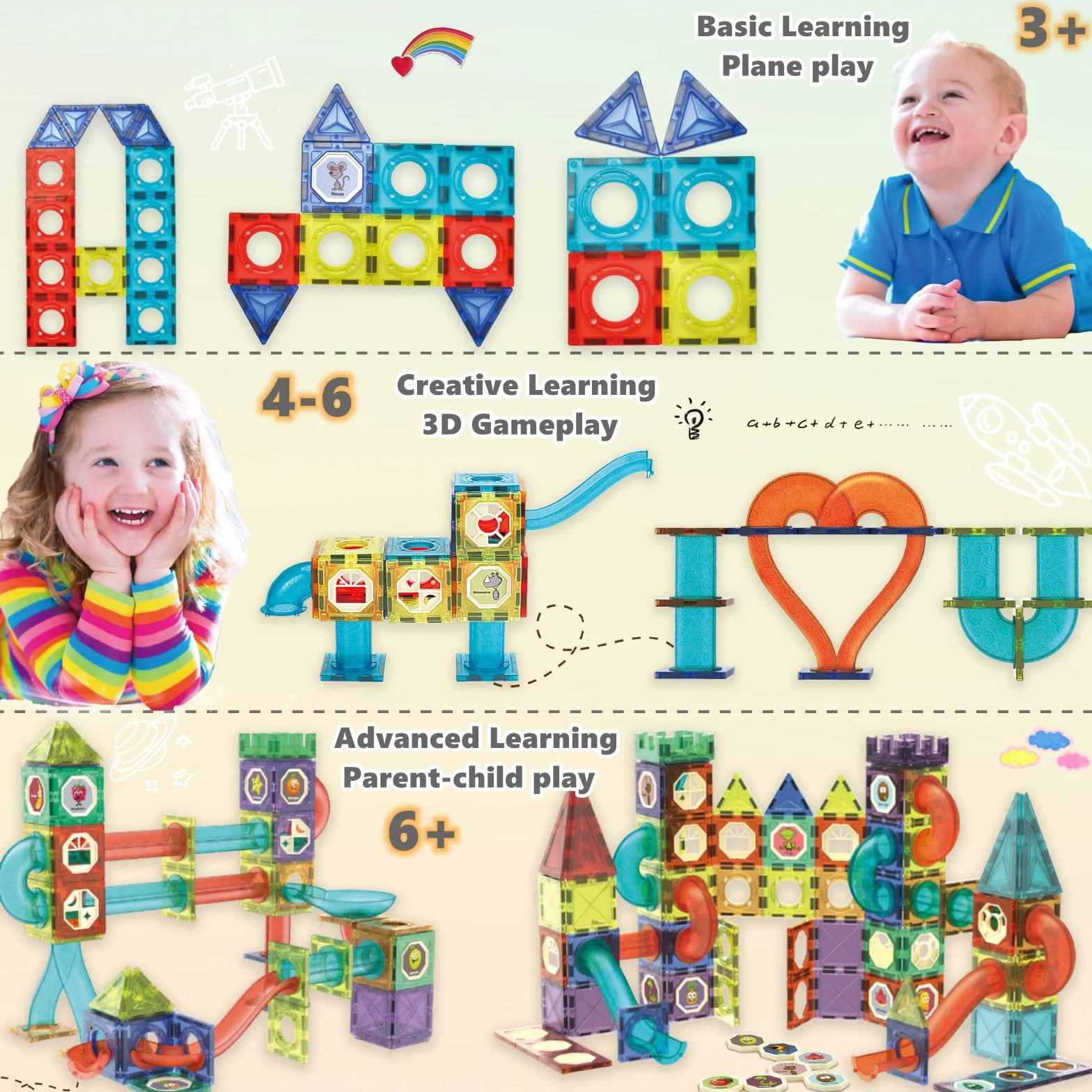 Klocki Magnetyczne 144 szt ze Światłem LED & Tor Kulkowy - Magnetyczne Klocki Konstrukcyjne dla Dzieci 5-12 lat | Edukacyjne Zabawki STEM (Montessori)