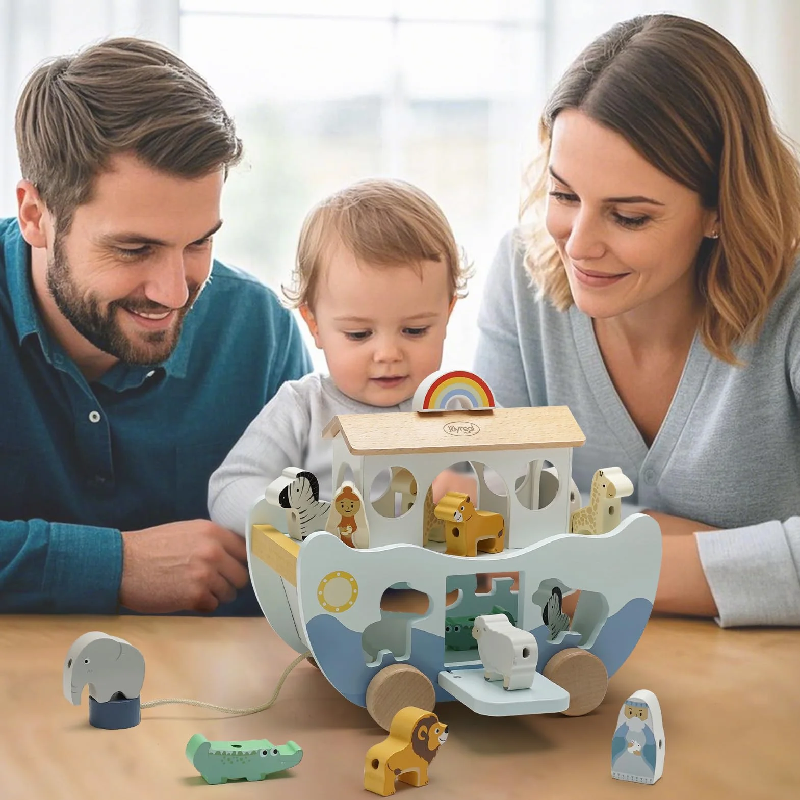 Joyreal Arka Noego Wood - Prezenty na chrzest, Zabawki Montessori dla niemowląt, Gry Edukacyjne Sorter Kształtu, Zabawki Stackable, Prezent Dziewczyna Chłopiec