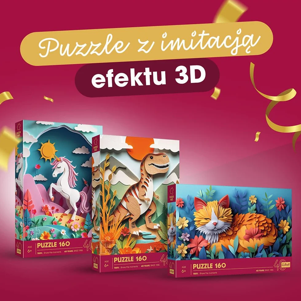 Trefl - Puzzle z Efektem 3D, Kotek - 160 Elementów - 40-lecie Trefl, Kolorowe Puzzle ze Zwierzętami, dla Dzieci od 6 lat