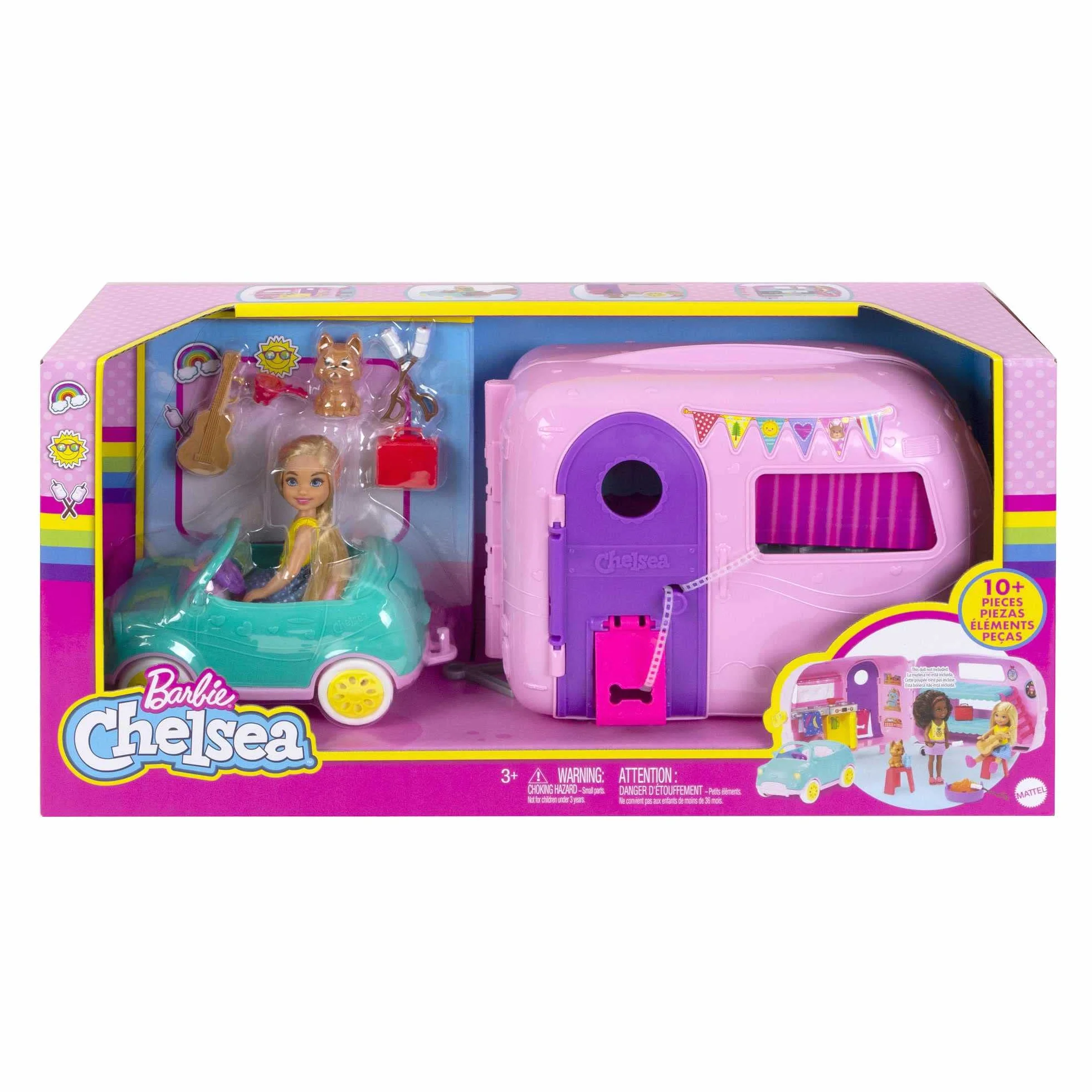 Barbie Zestaw do zabawy z przyczepą kempingową, lalką Chelsea , szczeniaczkiem, samochodem, paleniskiem, gitarą i 10 akcesoriami, prezent dla dzieci w wieku od 3 do 7 lat, FXG90