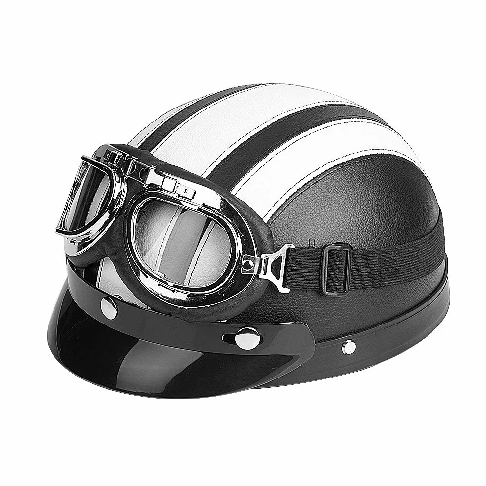 EBTOOLS Kask skuterowy, kask motocyklowy, otwarty kask, półuniwersalny kask motocyklowy, sztuczna skóra, otwarta twarz, półkask z wizjerem, okulary (biały)