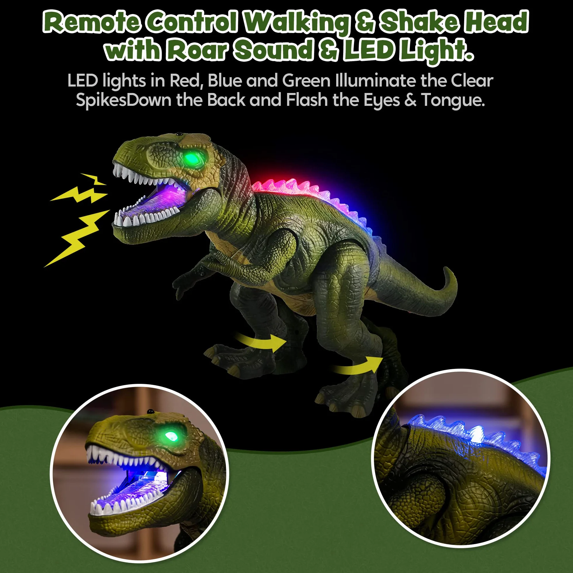 JOYIN Zdalnie sterowana zabawka dla dzieci, zabawka dinozaur T-Rex, dinozaur z chodzeniem, rykiem, świecącymi oczami i wstrząsami głową dla małych dzieci, chłopców i dziewczynek