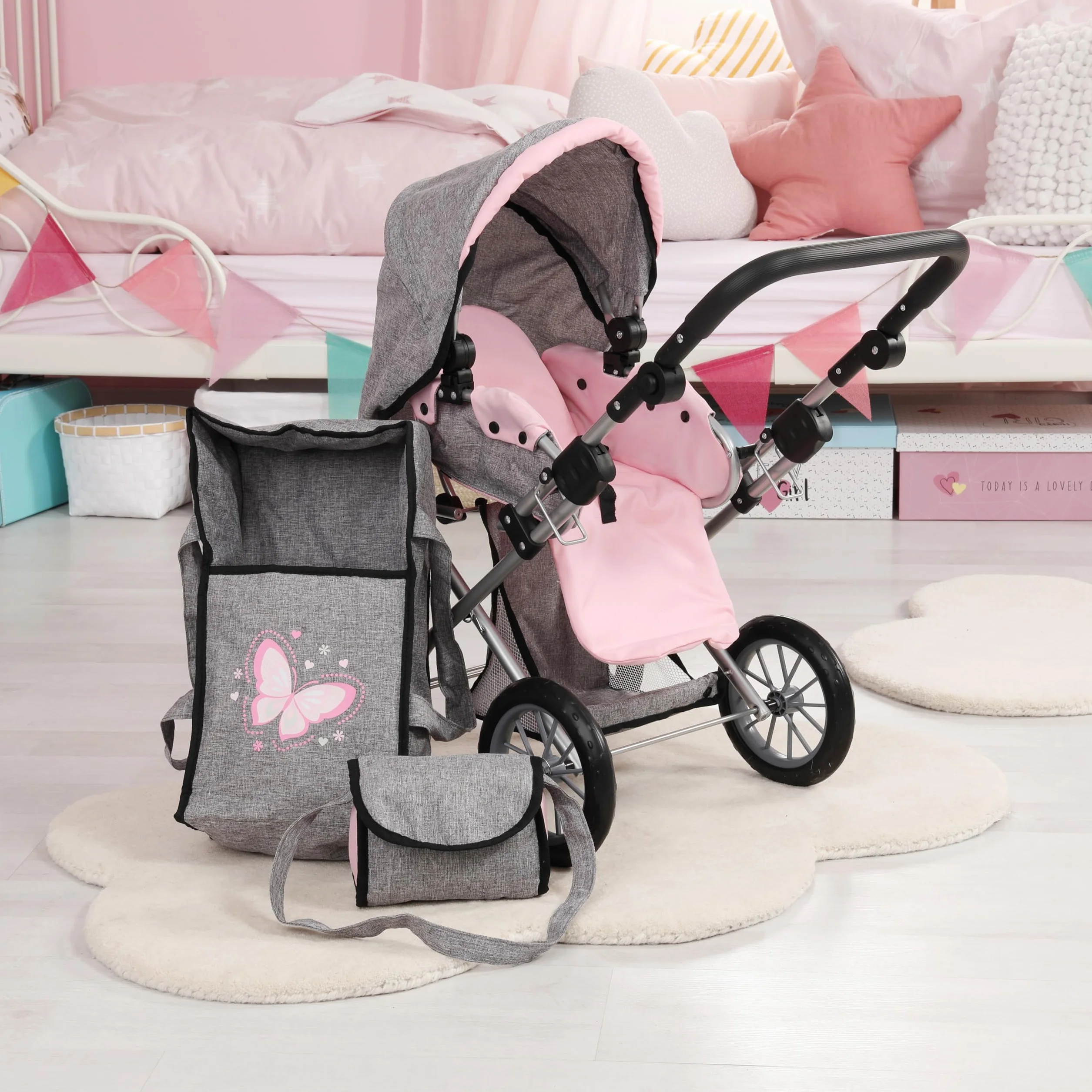 Bayer Design 13633AA Wózek dla lalek City Star combi, zdejmowaną gondolą i torbą na ramię, regulacją wysokości, wymienic na wózek do joggingu, niebieski, szary, motylkiem